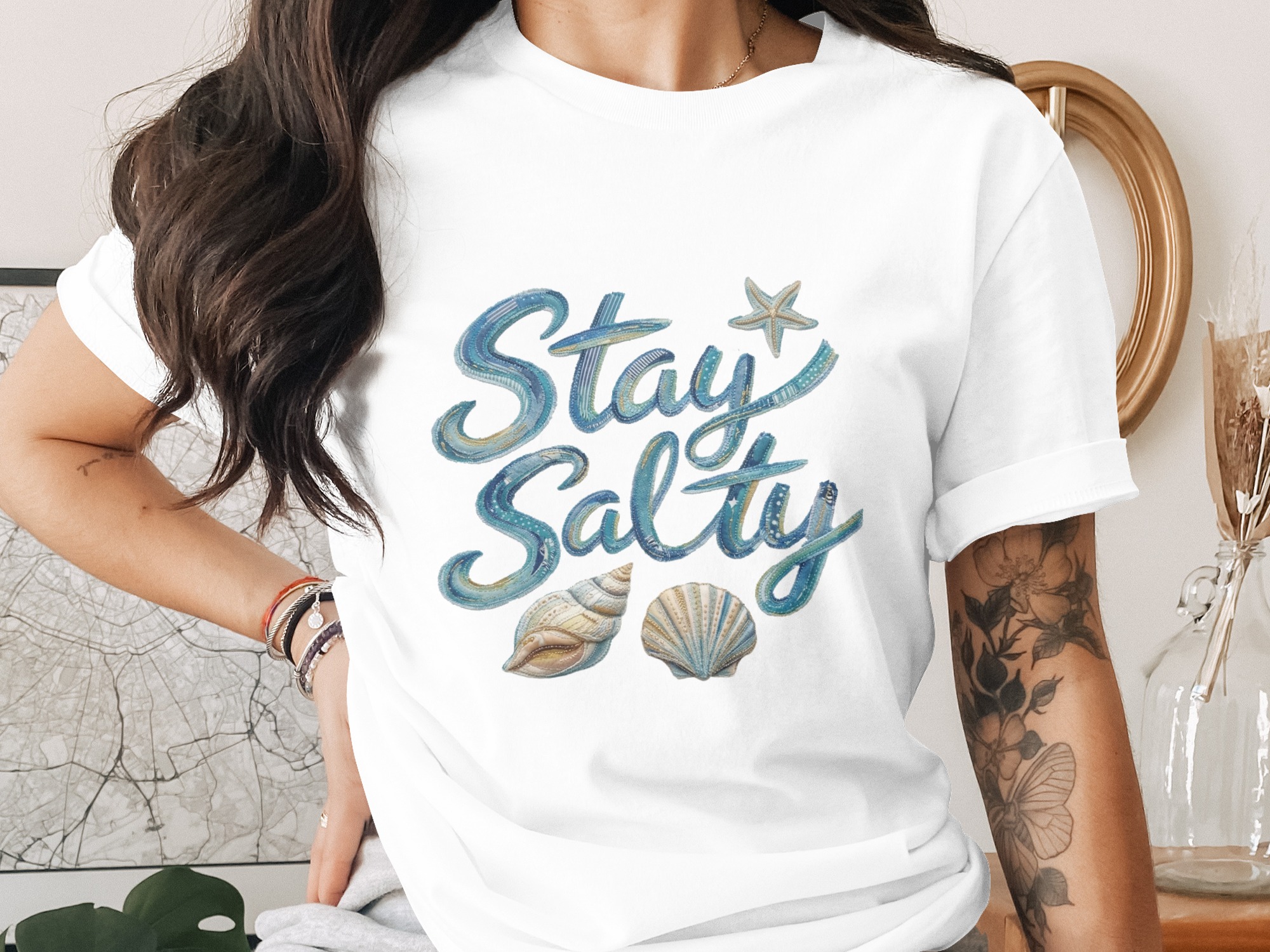 Stay Salty T-Shirt, Beach Lover Gift, Coastal Ocean Tee with Faux Fabric Texture Design, Summer Vacation Apparel, Nautical Sea Shell