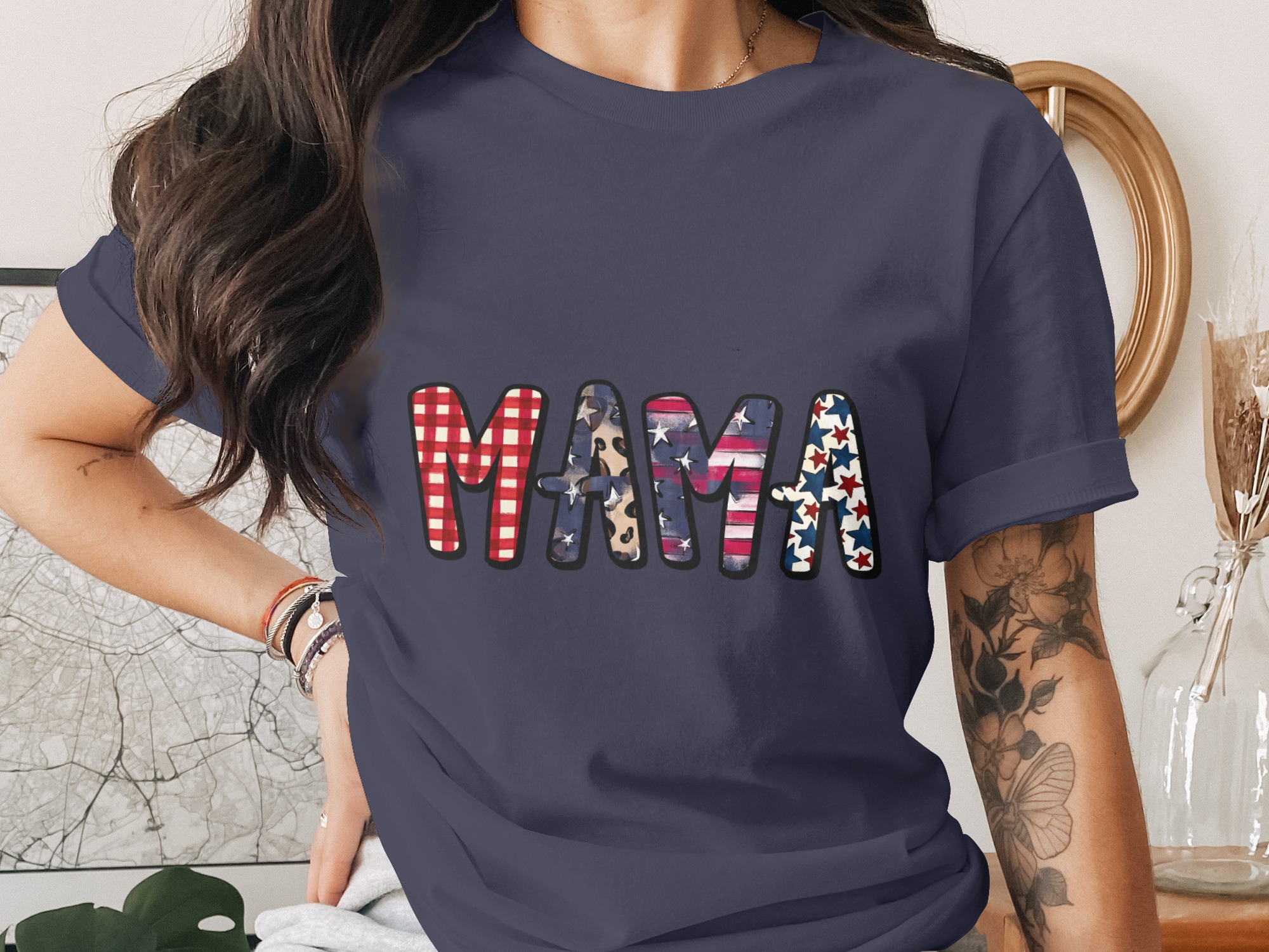 Patriotic Mama T-Shirt, American Flag Gingham Leopard Print Mom Life Tee, Distressed USA Stars Fourth of July Gift - Image 3