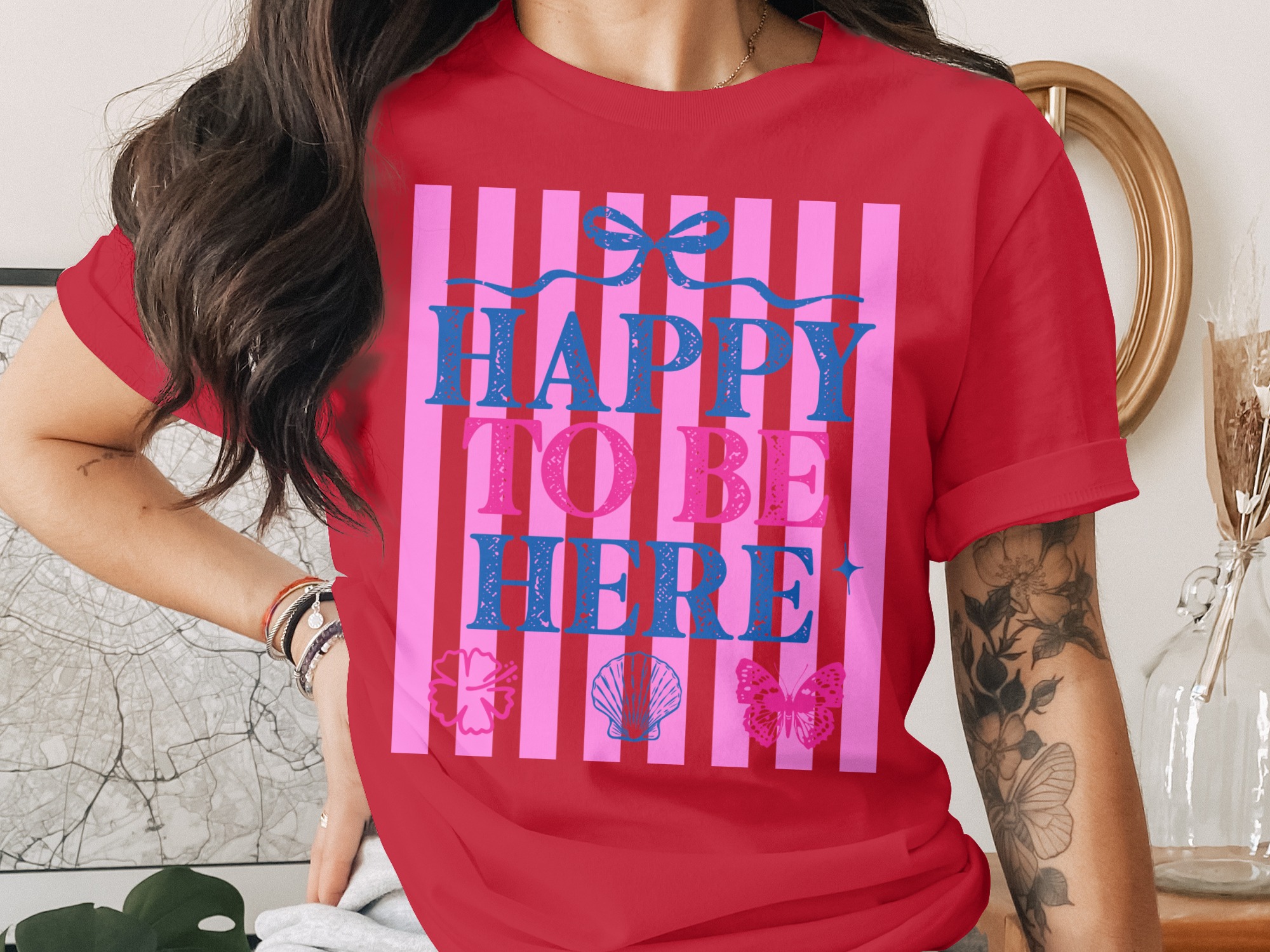 Happy To Be Here T-shirt | Barbiecore Aesthetic Tee | Pink & Blue Summer Vacation Shirt | Positive Vibes Travel Tee Gift for Her - Image 4