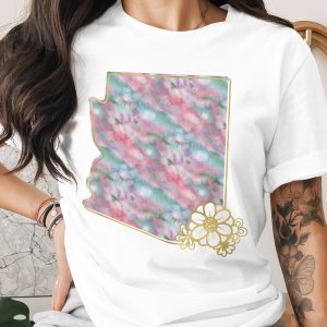 Arizona Watercolor Flowers T-Shirt, Boho Arizona State Map Tee, Faux Gold Outline Desert Bloom Shirt, AZ Lover Gift for Her