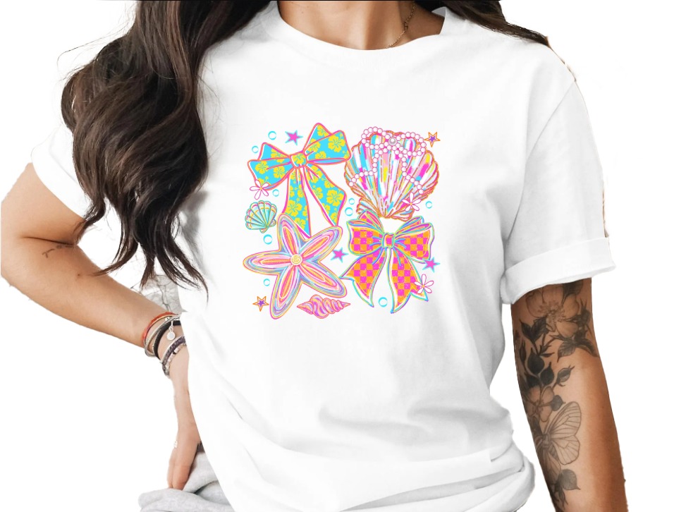 Comfort Colors® Coquette Seashell Bow T-Shirt, Y2K Beachy Aesthetic, Preppy Summer Top, Vacation Girl Tee, Gift for Her