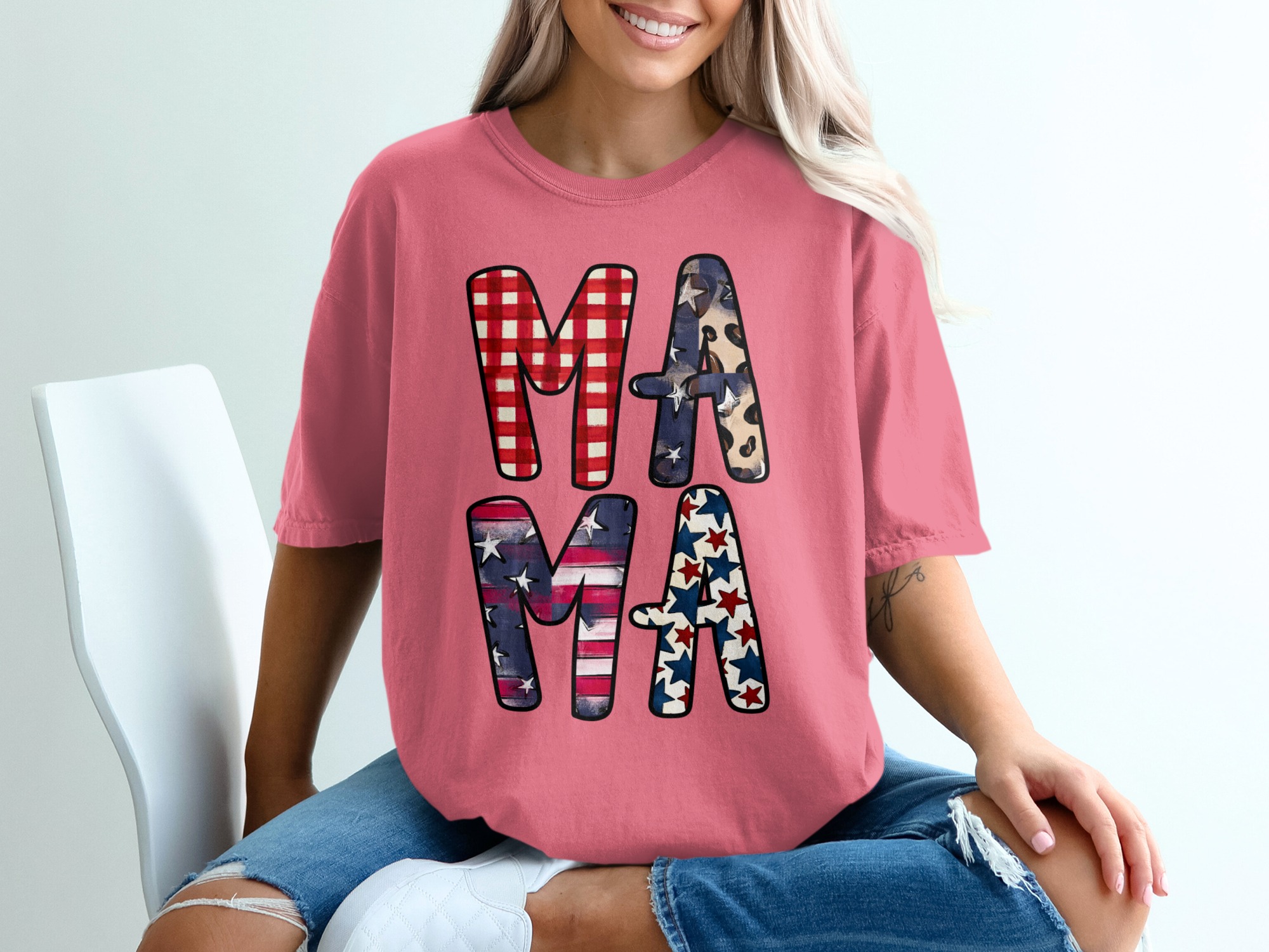 Patriotic Mama T-Shirt, Distressed Flag & Leopard Print Stars Tee, Buffalo Plaid Americana Mom Life Gift - Image 16