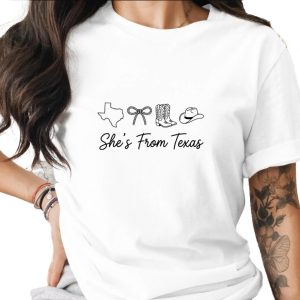 She's From Texas T-Shirt, Texas Outline Cowgirl Boots Hat Rope Bow Western Tee, Southern Pride Gift for Her, Country Girl Shirt