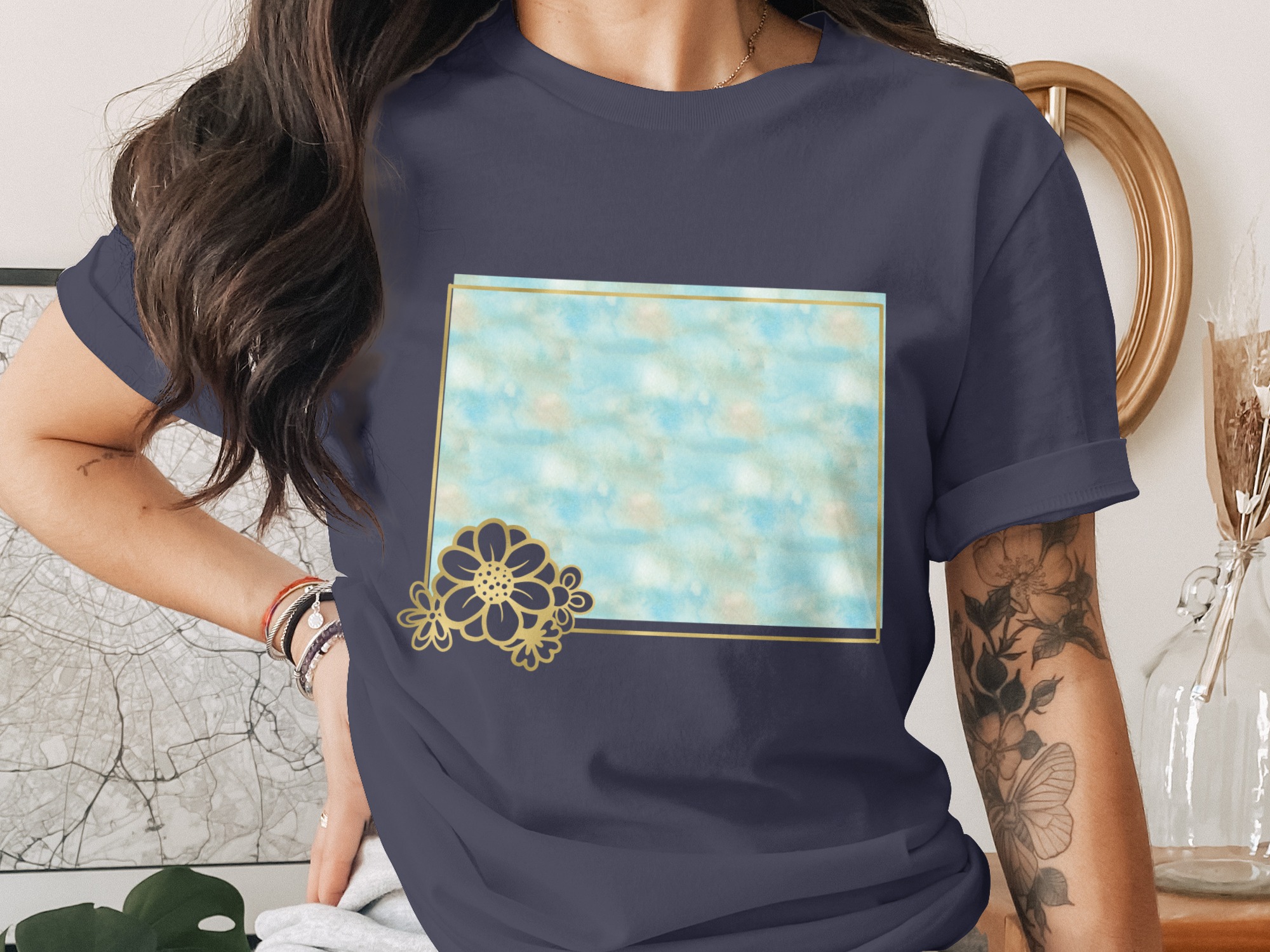 Watercolor Floral T-Shirt, Faux Gold Effect Flower Tee, Boho Aesthetic Women's Top, Artistic Gilded Graphic Print Shirt Gift - Image 2