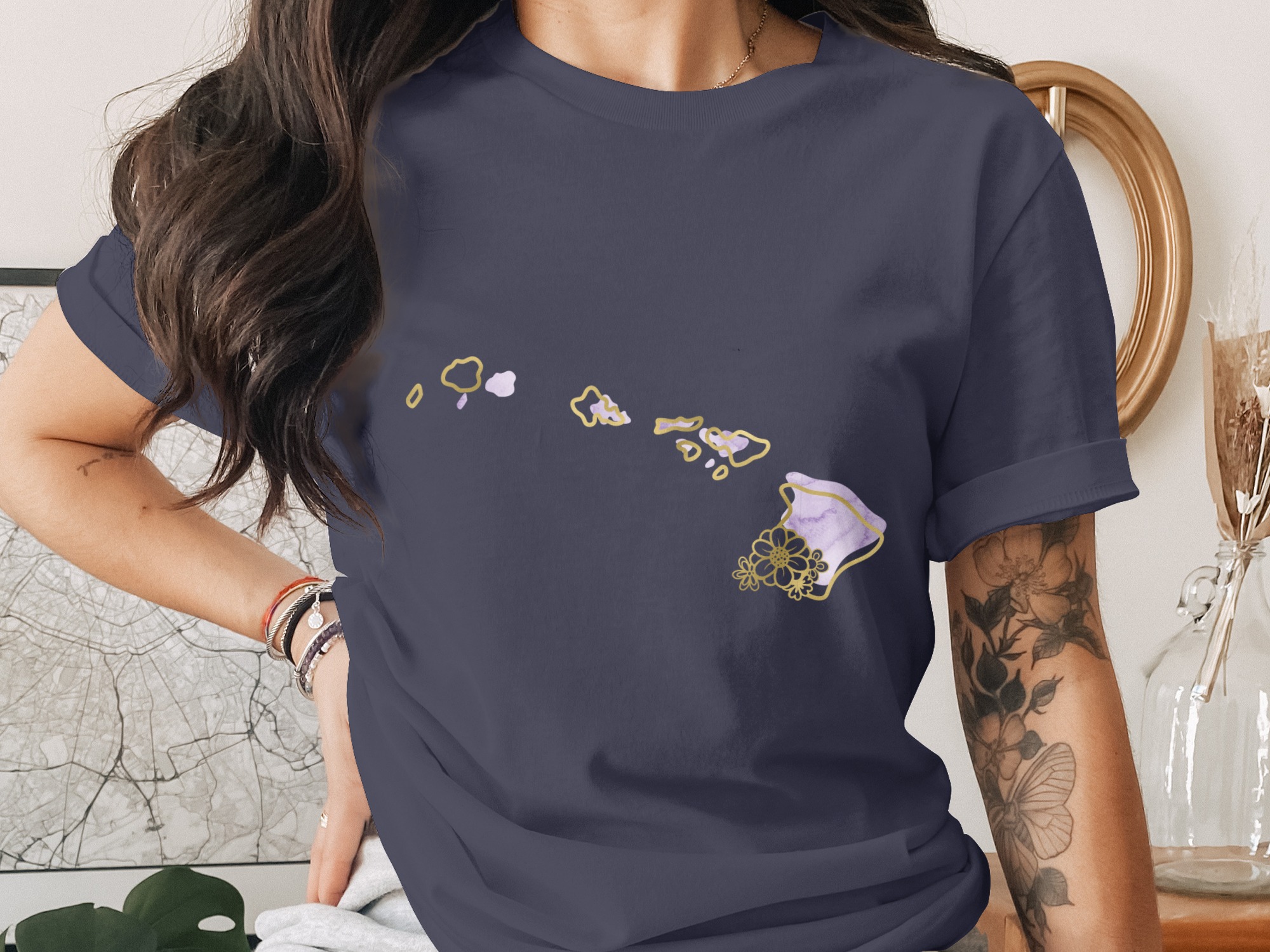 Hawaii Map T-Shirt, Faux Gold Hawaiian Island Tee, Watercolor Boho Beach Shirt, Tropical Vacation Gift - Image 3