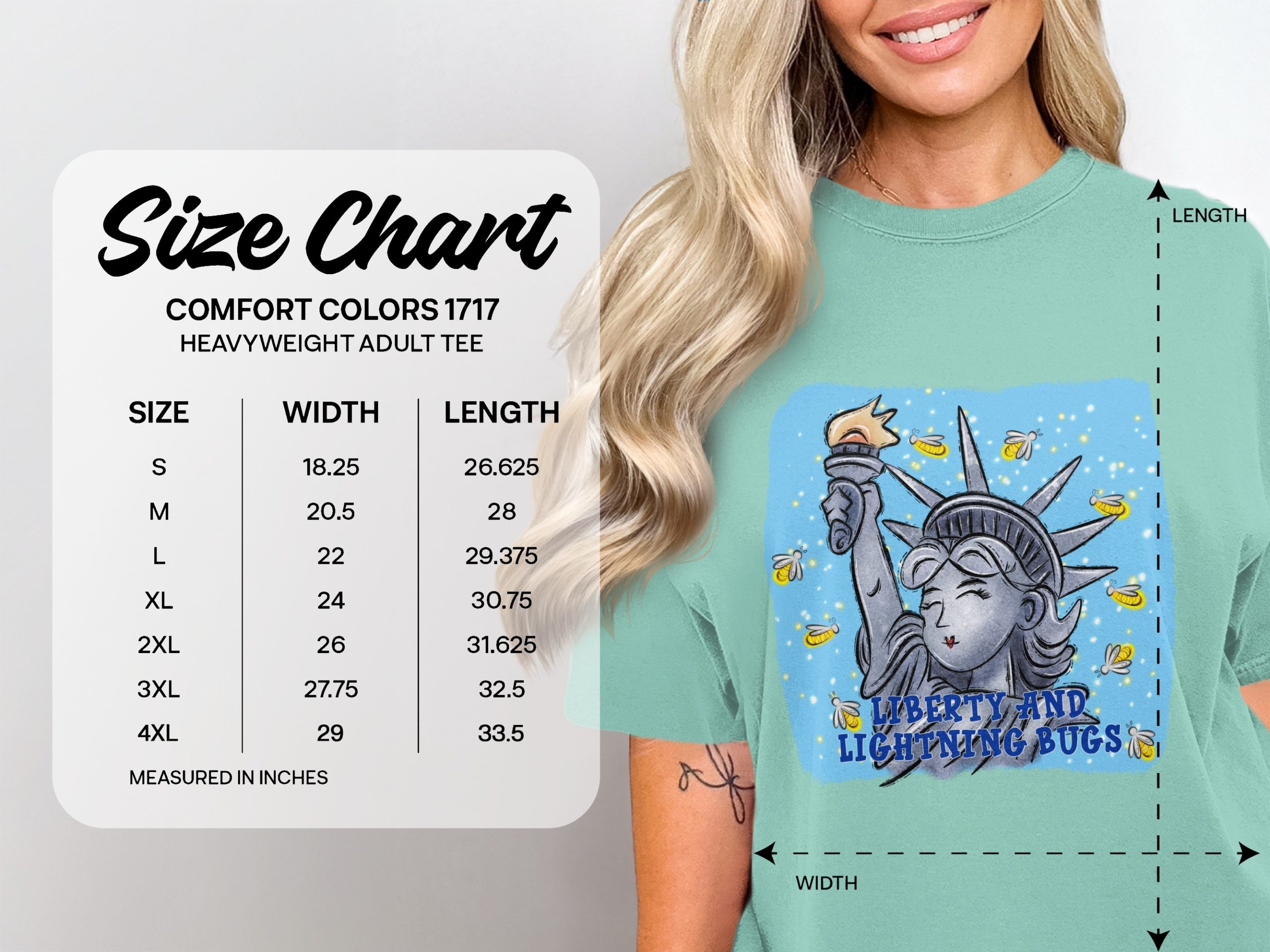 Liberty and Lightning Bugs T-Shirt, Whimsical Statue of Liberty Firefly Graphic Tee, Patriotic Summer Shirt Gift for Her - Image 5