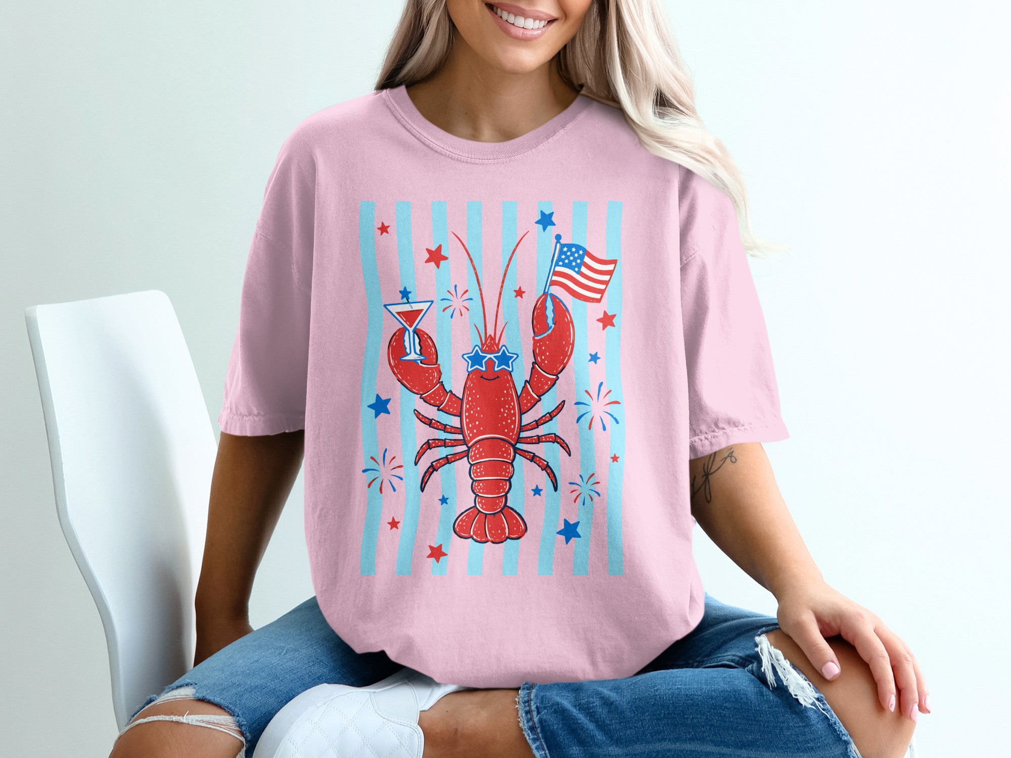 Comfort Colors® Patriotic Lobster T-Shirt, Funny 4th of July Tee, Summer Coastal Vacation Shirt, USA Flag Lobster Party Top - Image 17