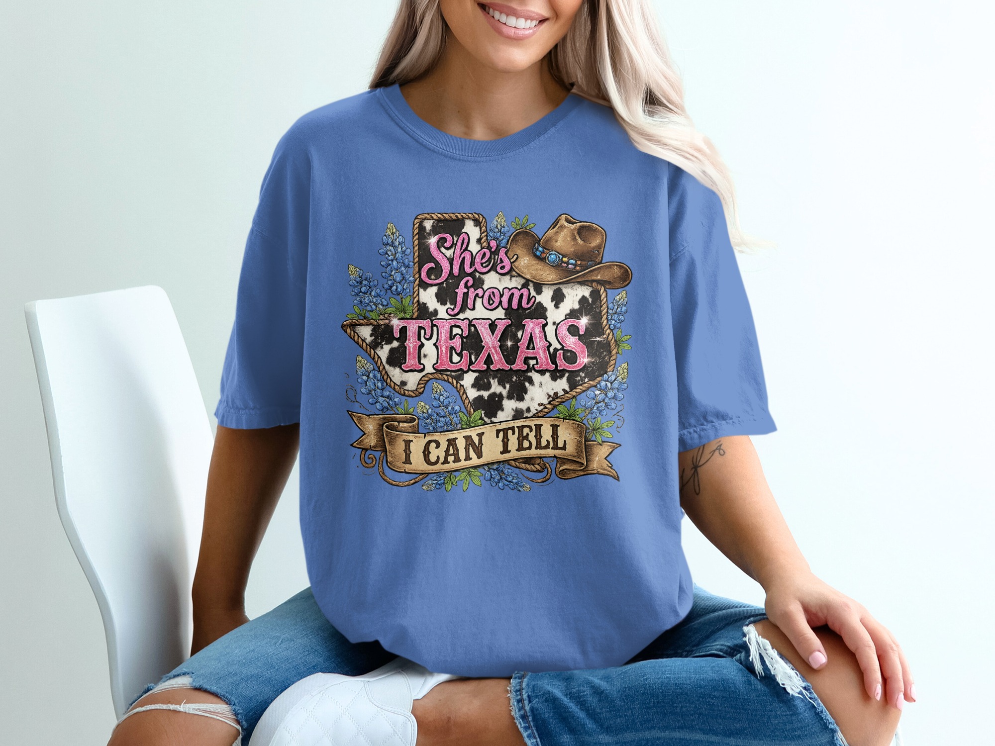 She's from Texas T-Shirt, Cow Print Bluebonnet Texas Tee, Western Country Style Southern Pride Gift for Her - Image 20