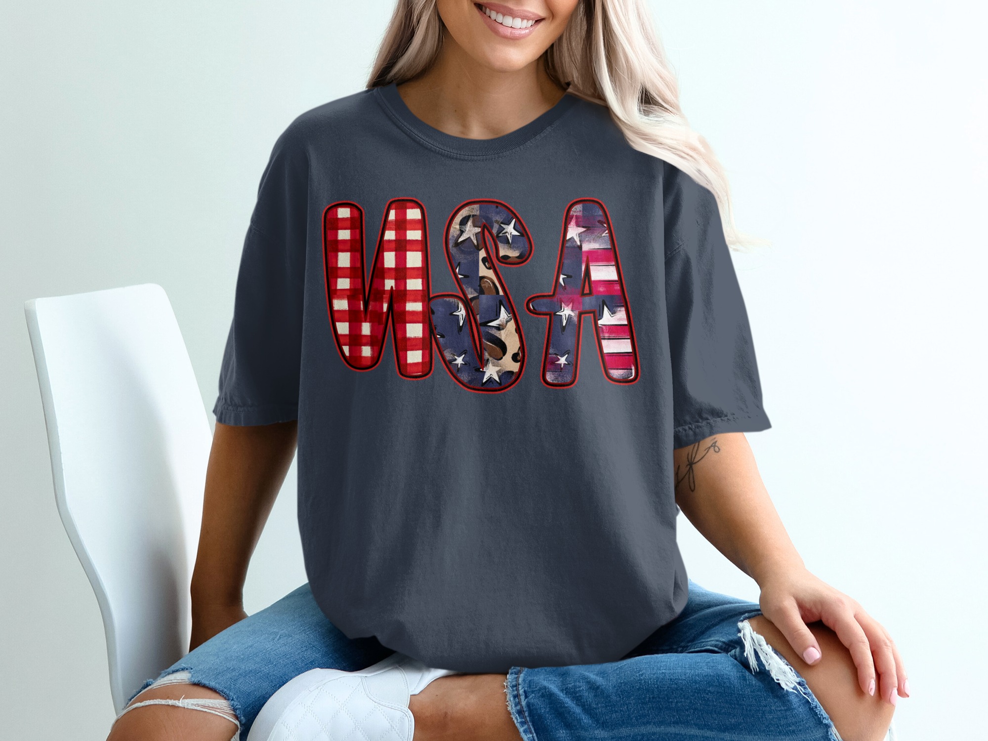 USA T-Shirt, Patriotic 4th of July Shirt, Distressed Buffalo Plaid Leopard Print America Tee, Memorial Day Gift for Her - Image 12