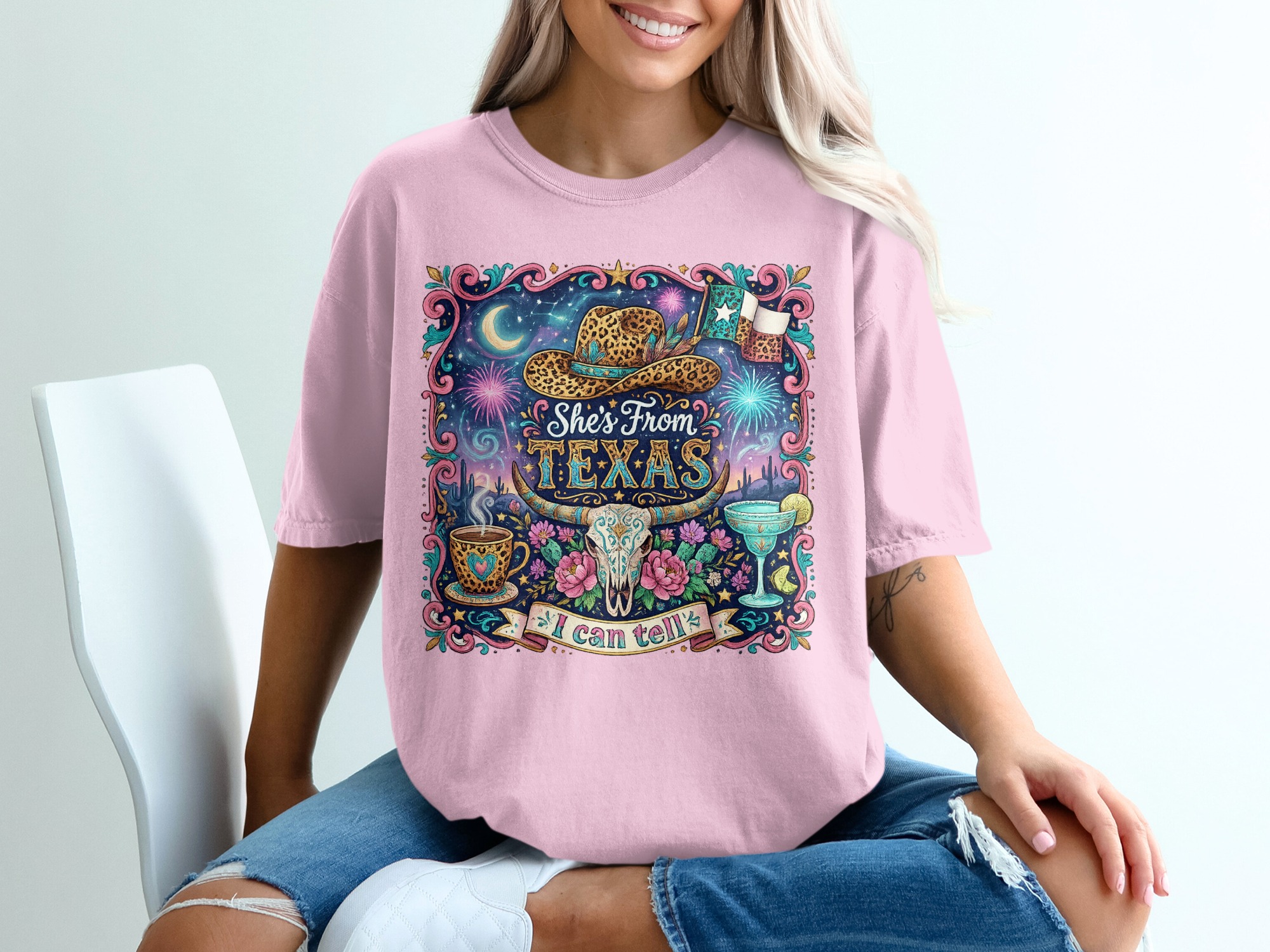She's From Texas T-Shirt, Western Boho Cowgirl Tee, Texas Pride Gift for Her, Leopard Print Cowboy Hat Longhorn Skull Desert Shirt - Image 17