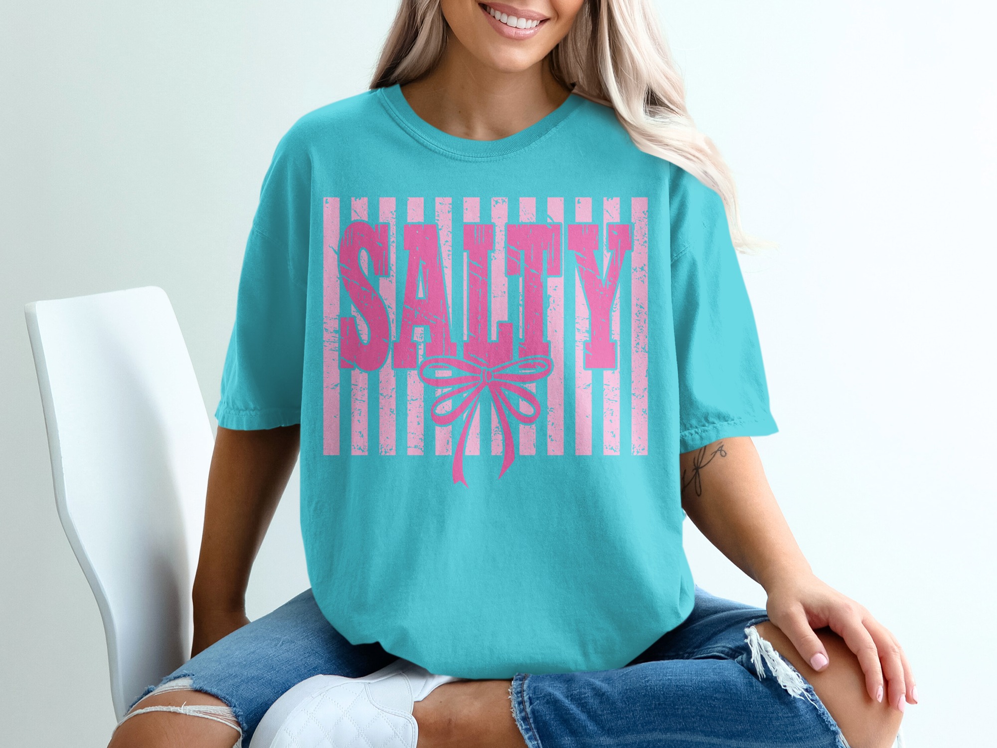 Salty T-Shirt, Pink Salty Tee with Faux Distressed Bow, Sassy Girly Graphic Top, Coquette Aesthetic Shirt, Cute Humorous Gift for Her - Image 9