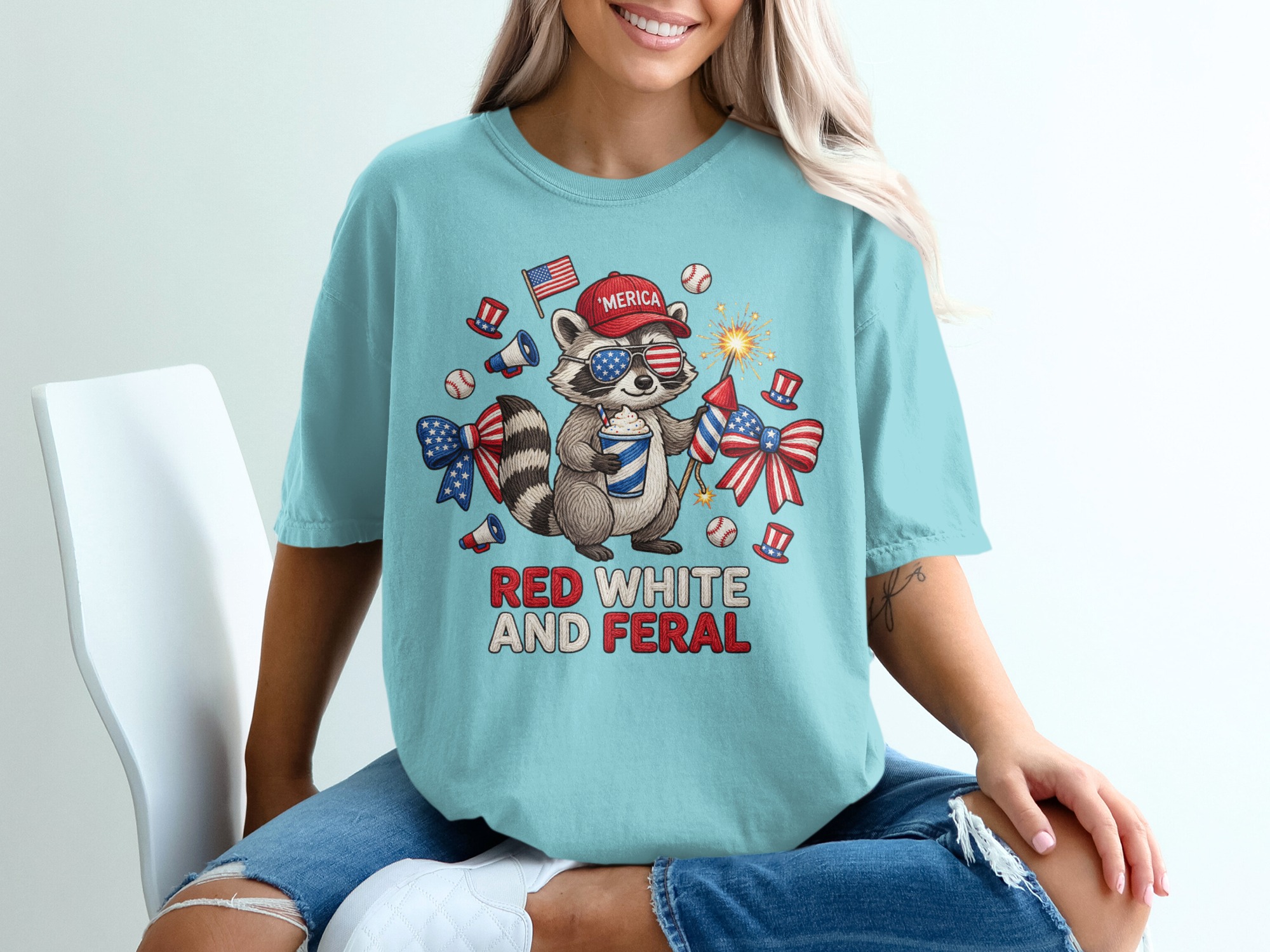 Red White and Feral Raccoon T-Shirt, Funny 4th of July Patriotic America Tee, Independence Day Party Animal Lover Gift - Image 19