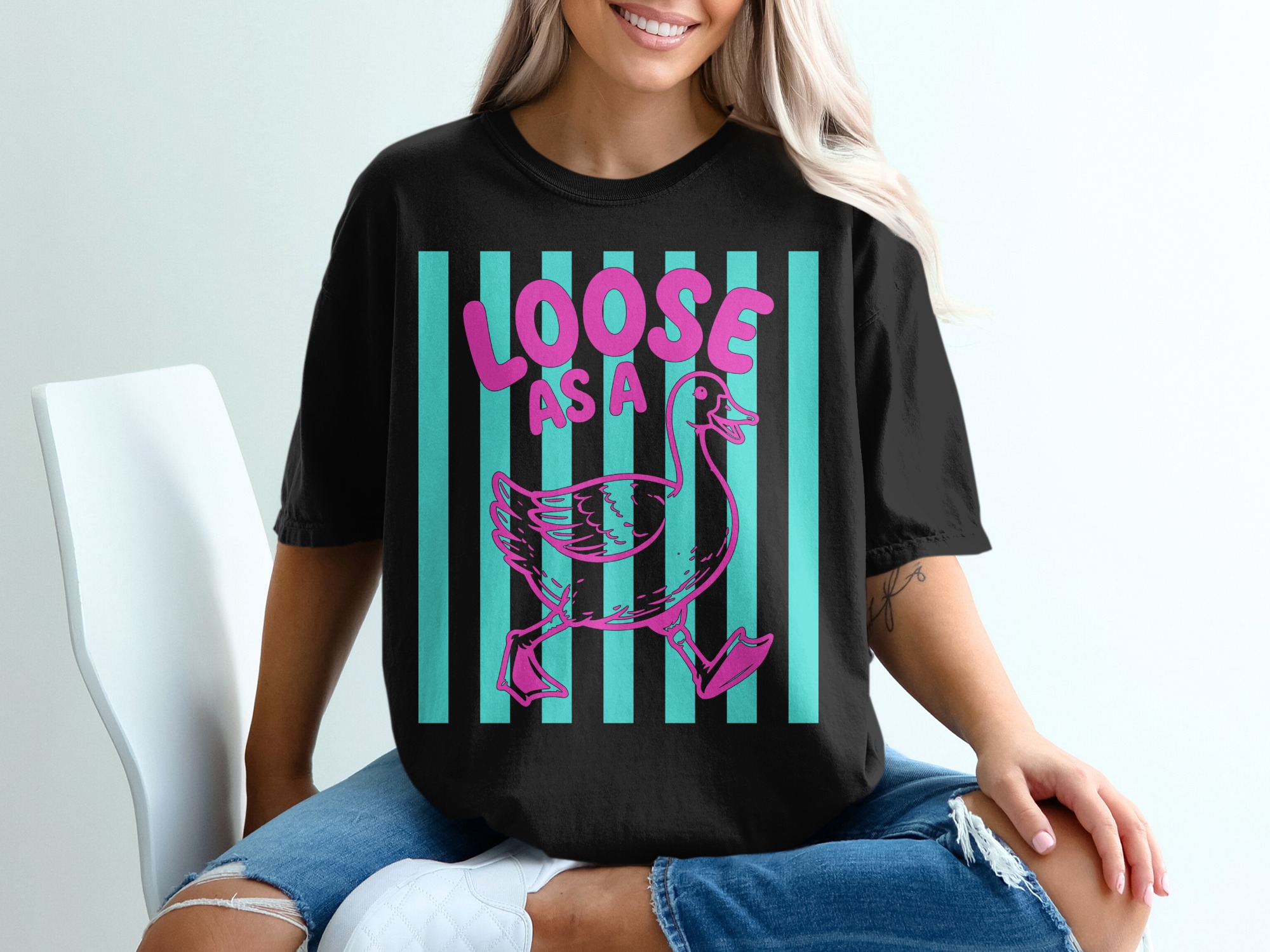Loose as a Goose T-Shirt, Funny Duck Graphic Tee, Quirky Animal Lover Gift, Retro Pink Teal Striped Design, Humorous Saying Shirt - Image 5