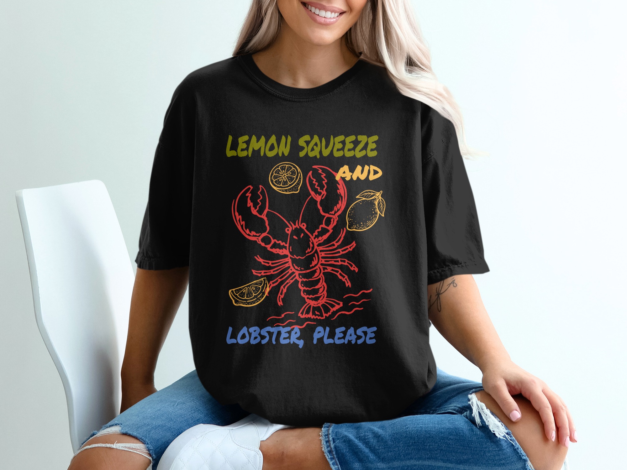 Lemon Squeeze Lobster Please T-Shirt, Funny Seafood Lover Tee, Summer Vacation Coastal Beach Foodie Graphic Shirt - Image 5