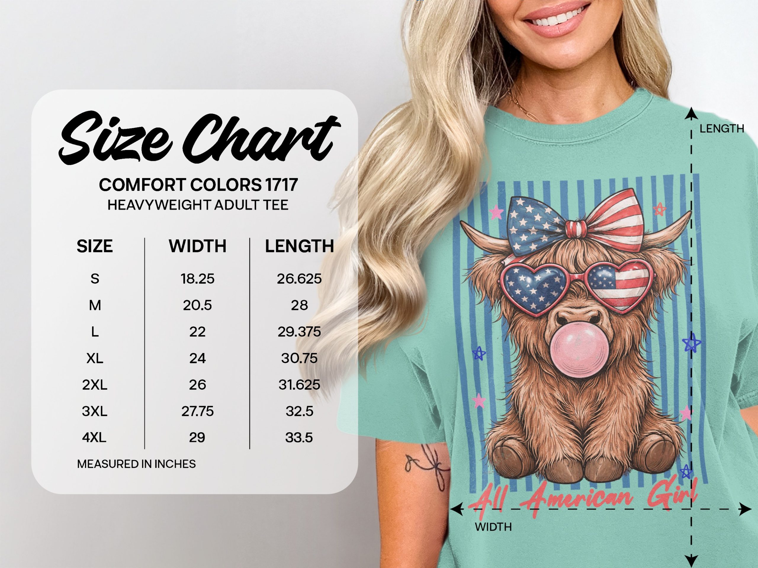 Comfort Colors® Highland Cow T-Shirt, All American Girl Patriotic Summer Tee, Cute 4th of July Western Cowgirl Gift for Her. - Image 6