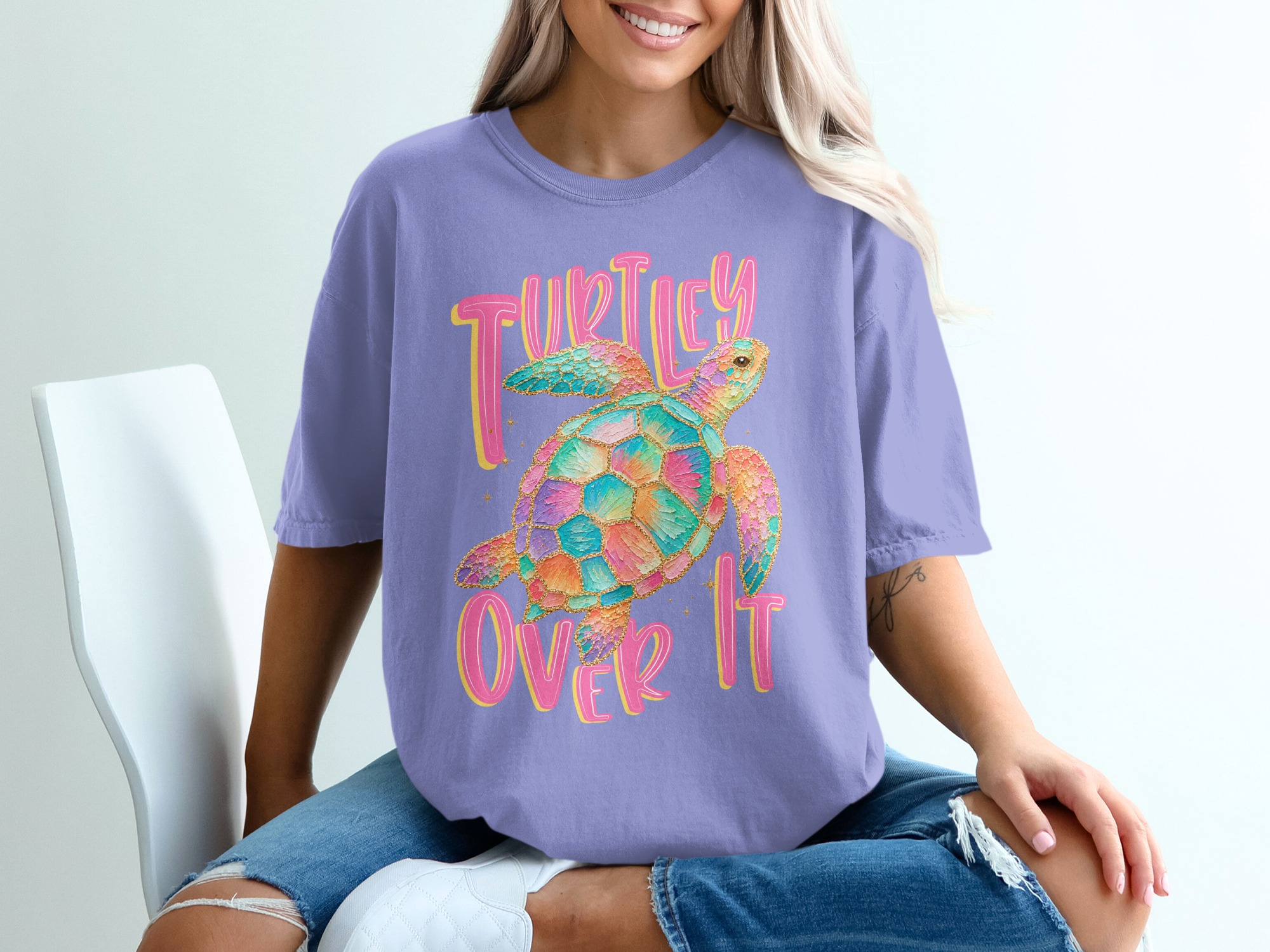 Turtley Over It T-Shirt, Faux Glitter Sea Turtle Tee, Sarcastic Beach Shirt, Colorful Ocean Lover Gift, Summer Vacation Top - Image 18