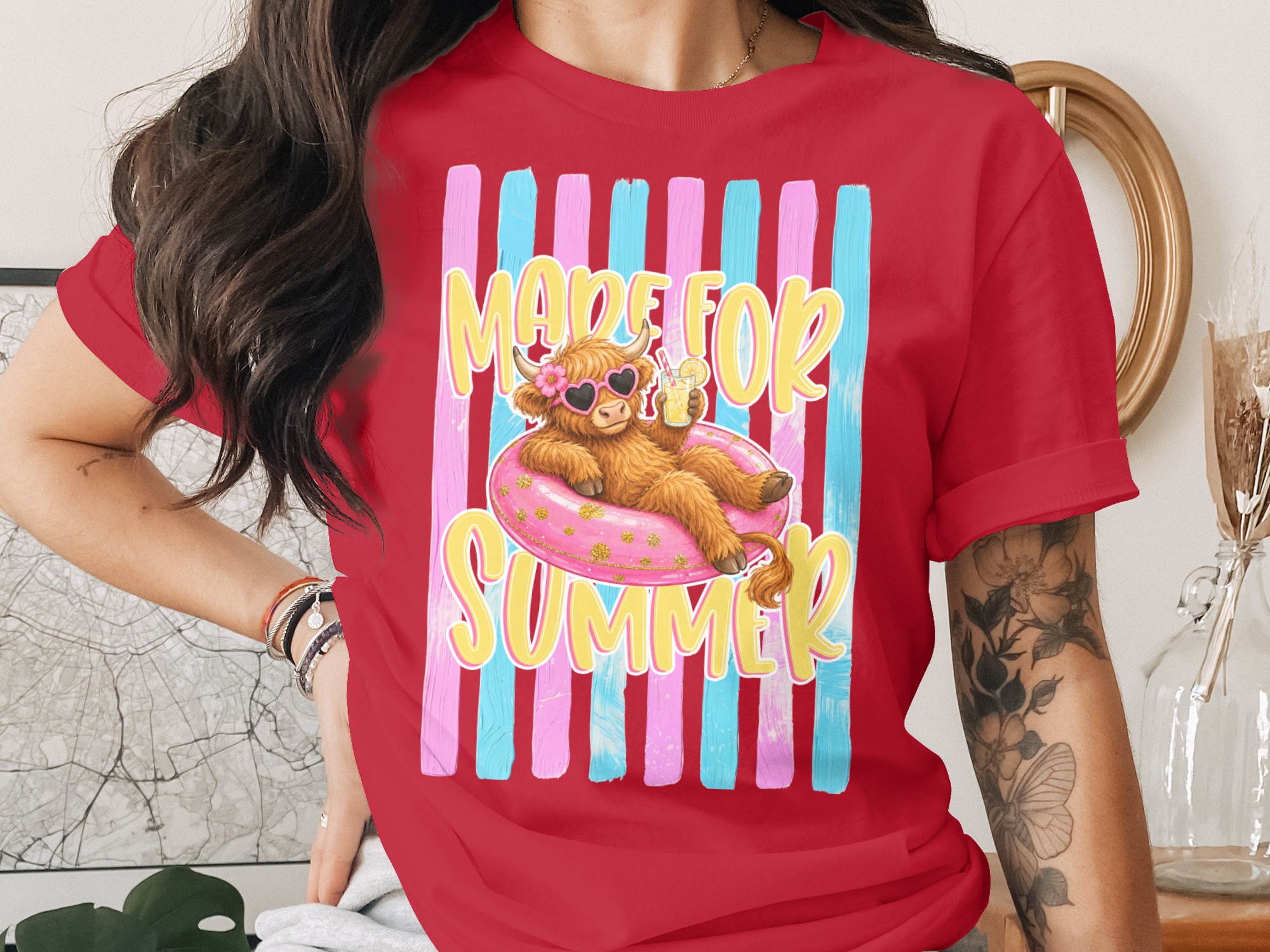 Comfort Colors ® Made For Summer Highland Cow T-Shirt, Vacation Mode Cute Cow Shirt, Beachy Pink Glitter Highland Cattle Tee, Funny Animal - Image 4