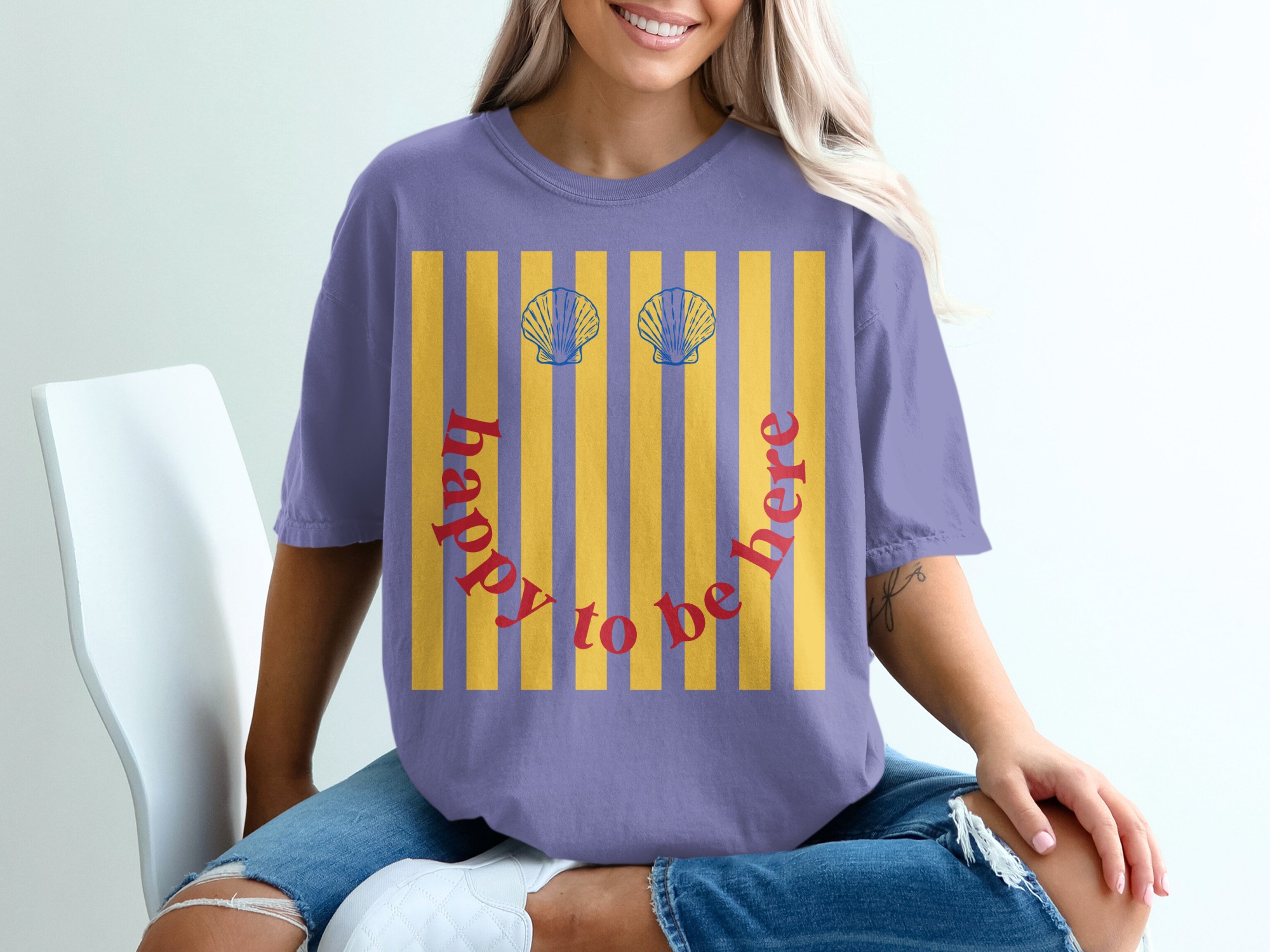 Happy To Be Here T-Shirt, Retro Smiley Face Beach Tee, Seashell Stripe Summer Vacation Shirt, Positive Vibes Graphic Top - Image 13