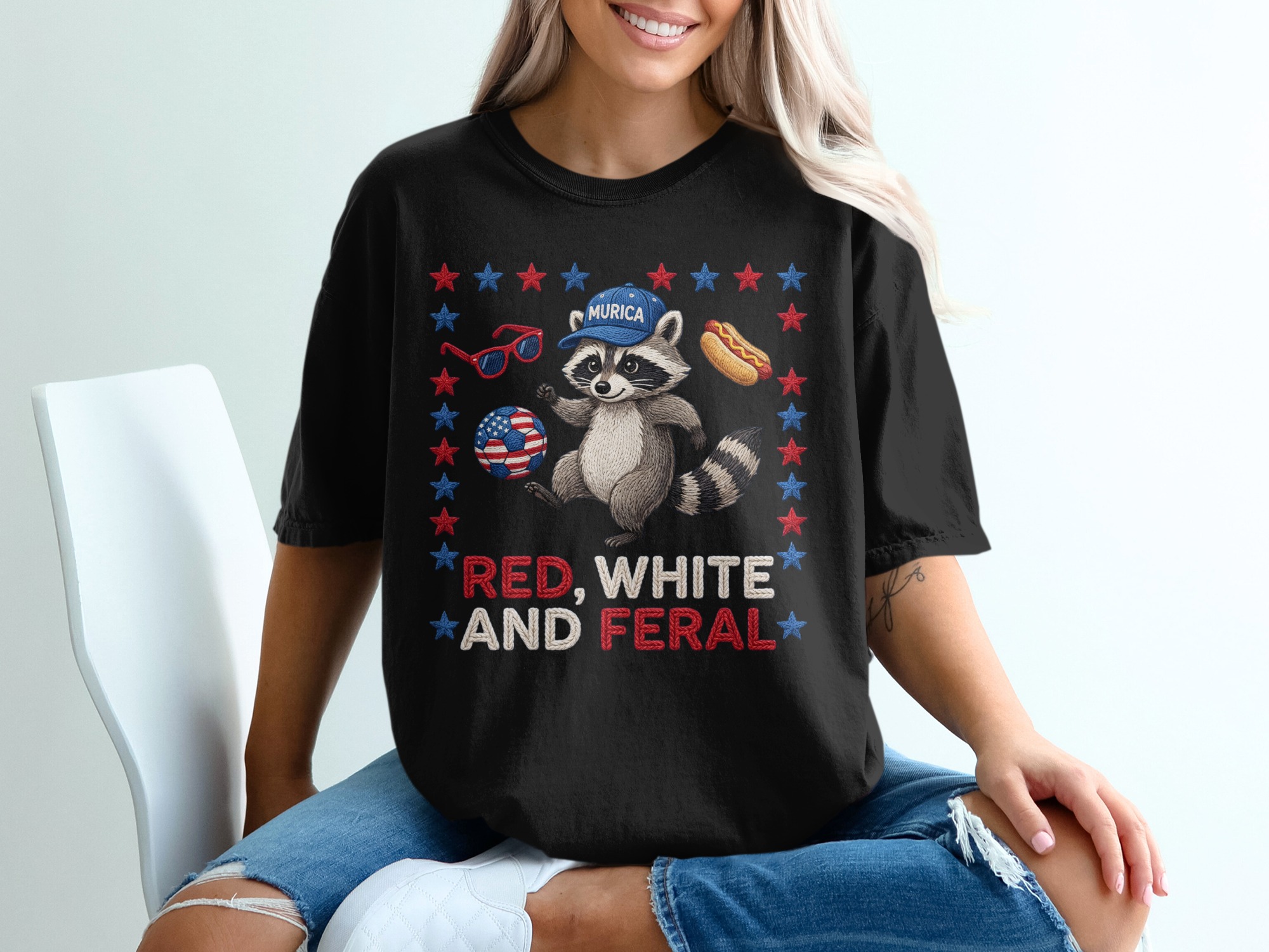 Red White and Feral Raccoon T-Shirt | Patriotic Murica Tee | Funny 4th of July Shirt | Raccoon Lover Gift | USA Holiday Outfit - Image 8