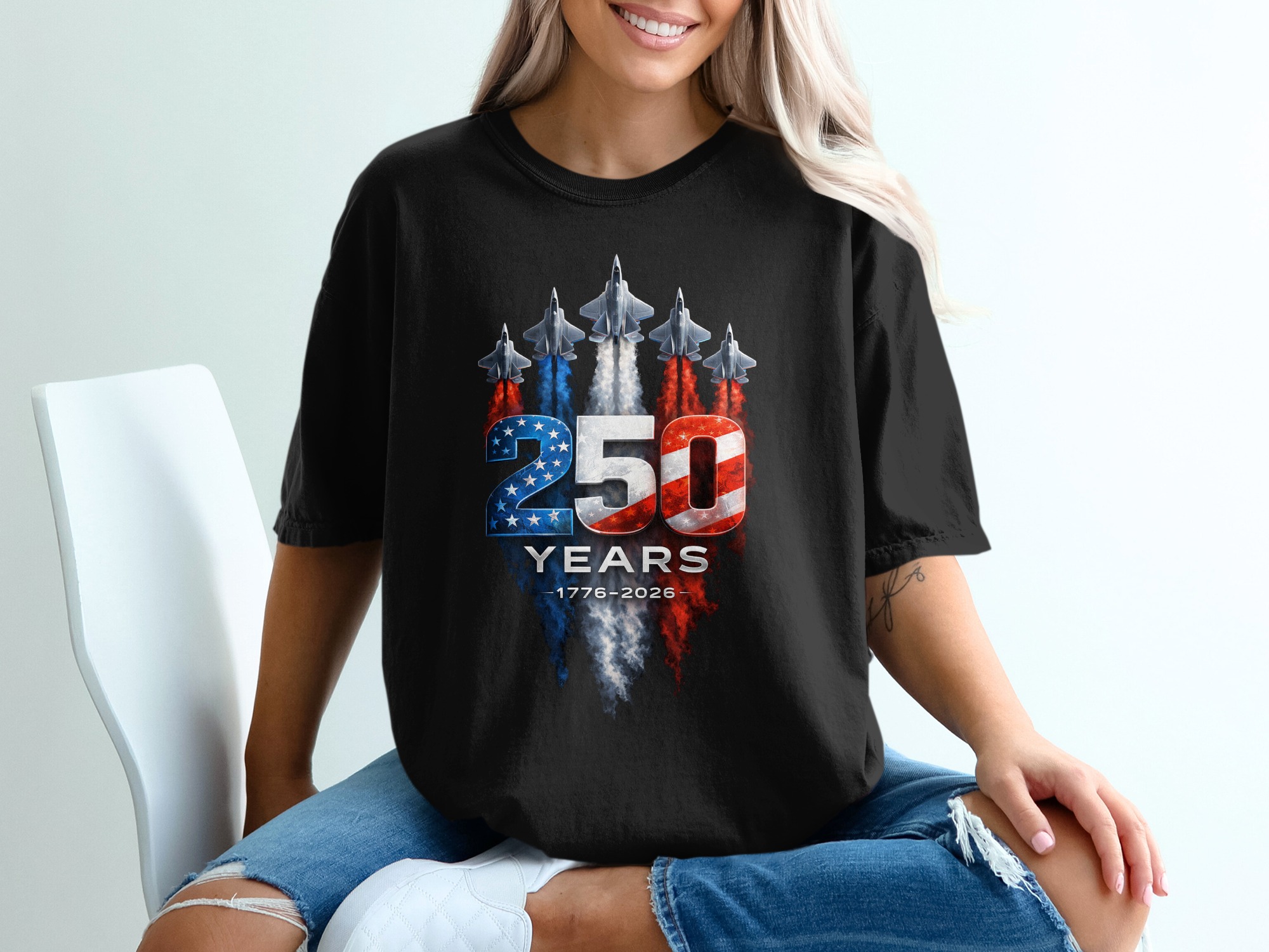250 Years American Anniversary T-Shirt | Patriotic USA 1776-2026 Celebration Tee | Military Jet Flag Design Gift - Image 8