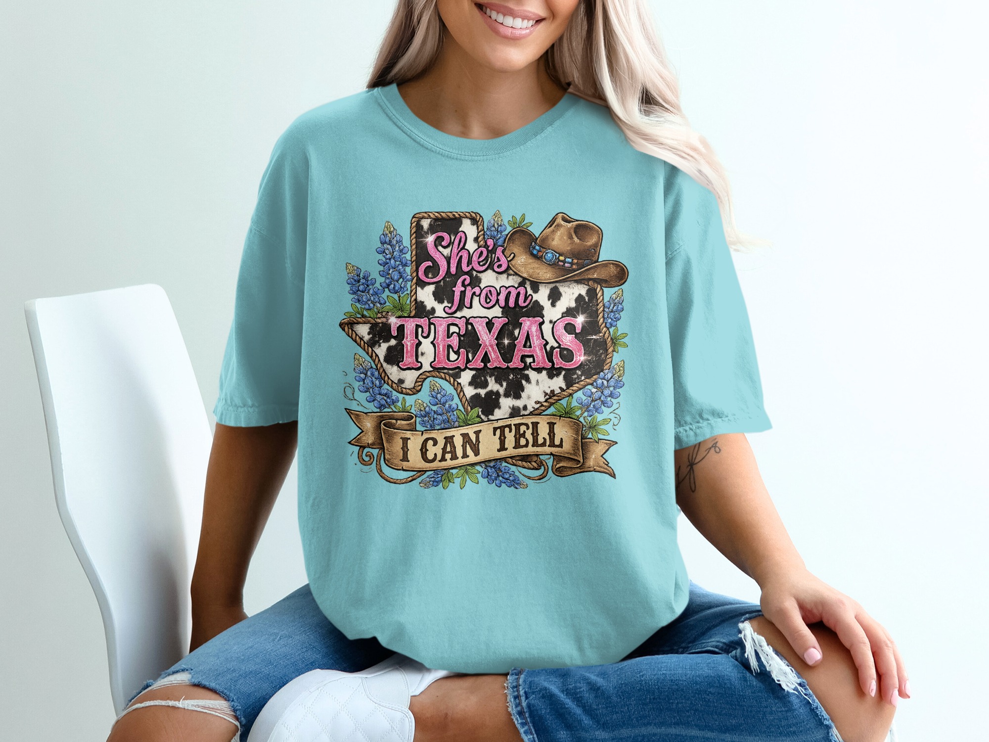 She's from Texas T-Shirt, Cow Print Bluebonnet Texas Tee, Western Country Style Southern Pride Gift for Her - Image 19