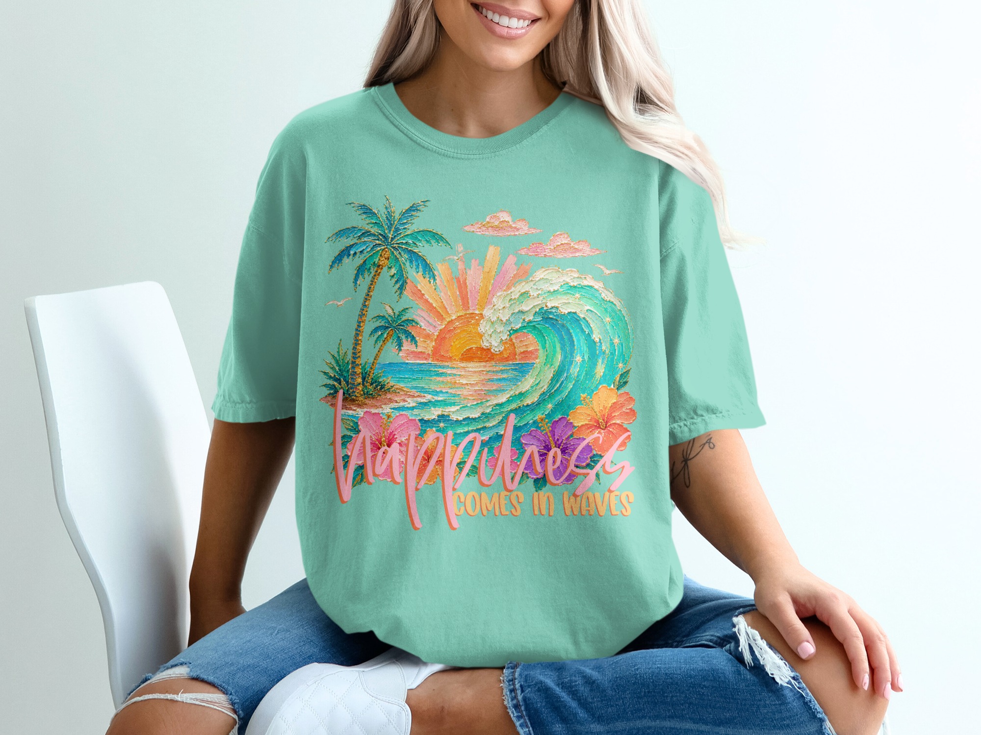 Happiness Comes in Waves T-Shirt, Tropical Beach Vacation Tee, Faux Glitter Print Ocean Wave Design, Palm Tree Sunset, Coastal Boho Summer - Image 10