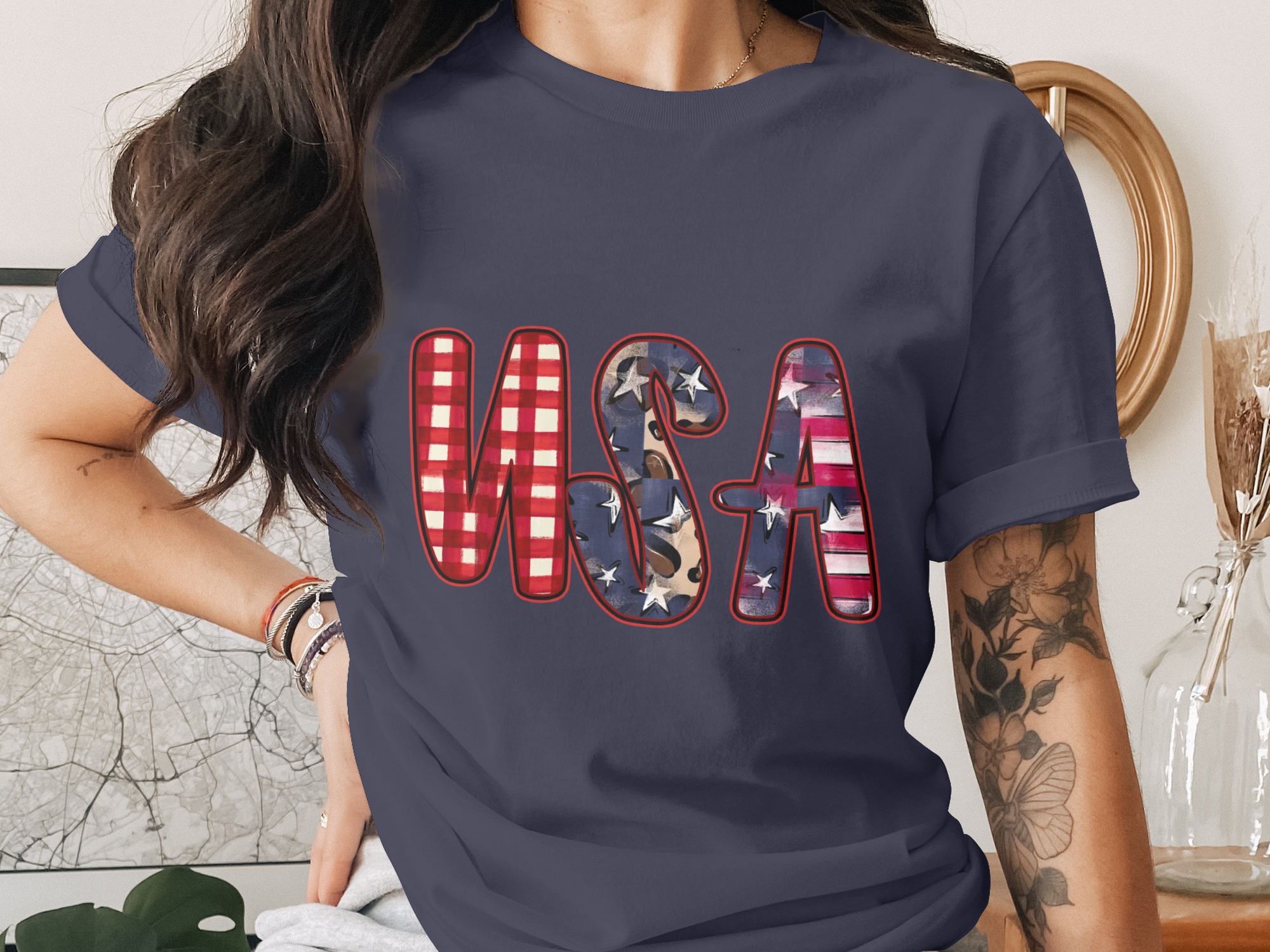 USA T-Shirt, Patriotic 4th of July Shirt, Distressed Buffalo Plaid Leopard Print America Tee, Memorial Day Gift for Her - Image 3