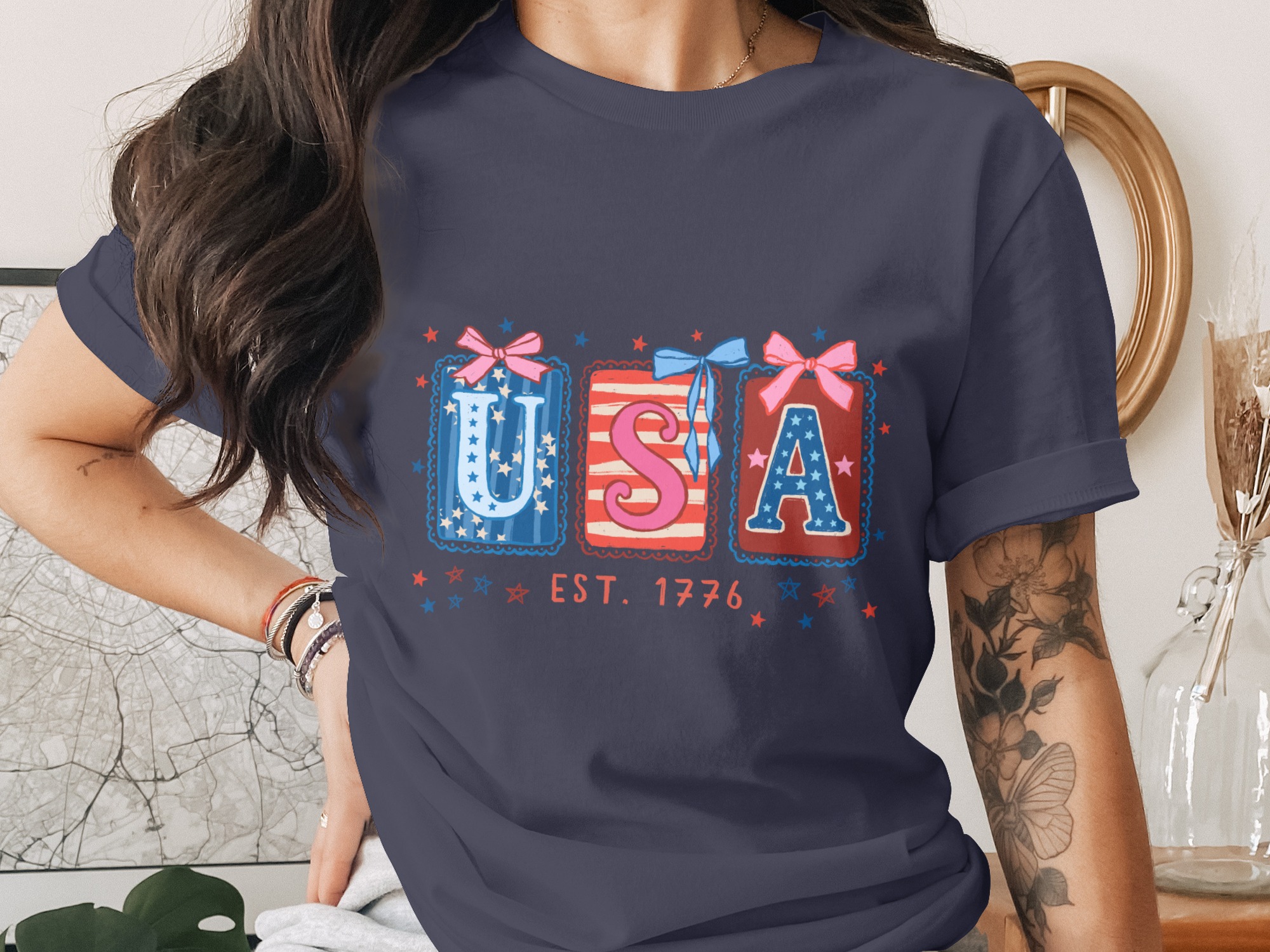 Patriotic USA Est 1776 T-Shirt, Whimsical Americana Tee, Fourth of July Top, Vintage Independence Day Shirt for Her, Cute Stars & Stripes - Image 3