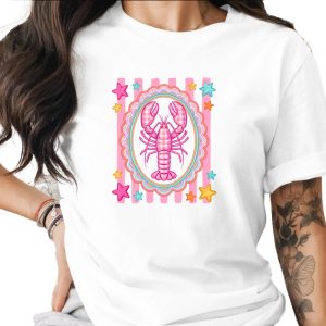 Comfort Colors® Lobster T-Shirt, Cute Pink Gingham Lobster Tee, Coquette Aesthetic Top, Whimsical Summer Beach, Coastal Cowgirl, Preppy