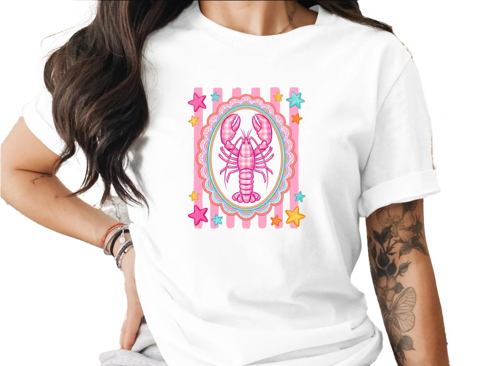 Comfort Colors® Lobster T-Shirt, Cute Pink Gingham Lobster Tee, Coquette Aesthetic Top, Whimsical Summer Beach, Coastal Cowgirl, Preppy