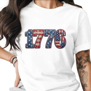 1776 Patriotic T-Shirt, Faux Distressed American Flag Patchwork Tee, Vintage USA Independence Day & 4th of July Gift for Him Her