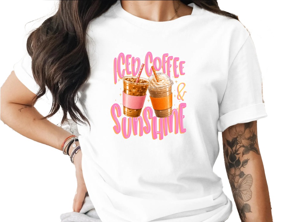 Iced Coffee Sunshine T-Shirt, Summer Vibes Gift, Coffee Lover Aesthetic Tee, Cute Caffeine Graphic Shirt, Women's Trendy Top
