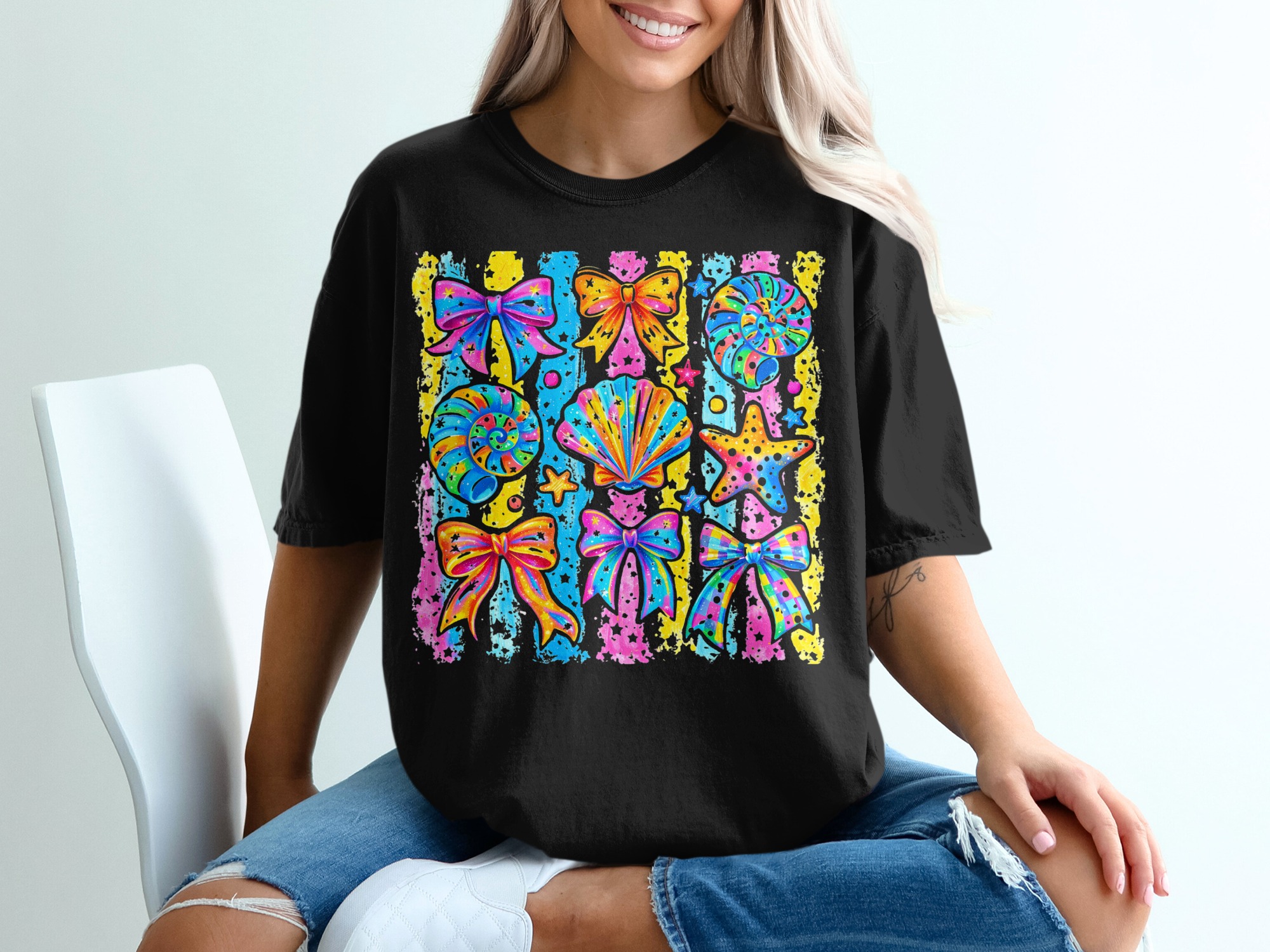 Y2K Aesthetic Comfort Colors® T-Shirt, Lisa Frank Style Bows, Rainbow Seashells, Starfish, Faux Glitter Print, Vibrant Kidcore Summer Tee - Image 2