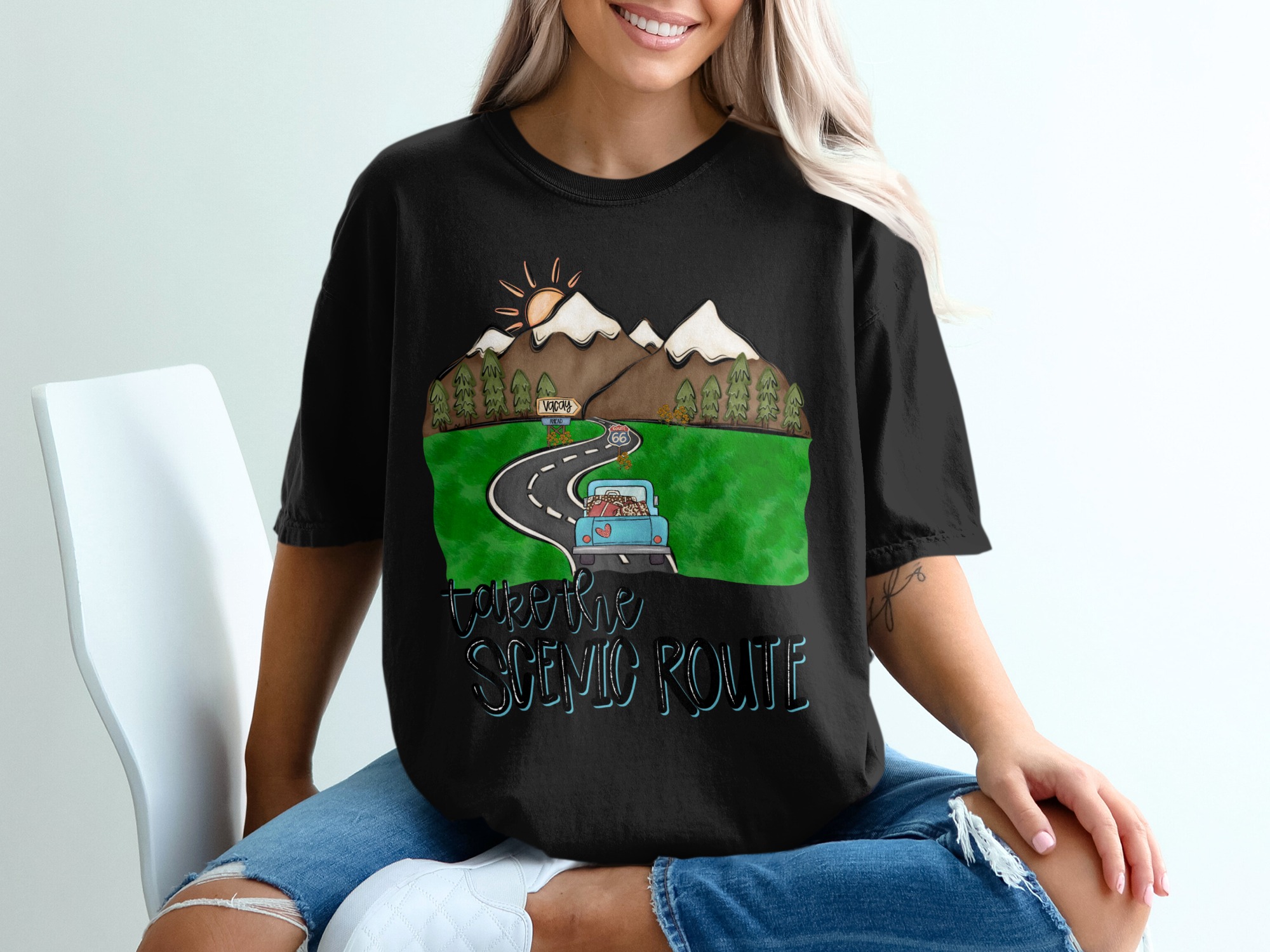 Scenic Route T-Shirt, Road Trip Shirt, Travel Lover Tee, Vacation Shirt, Mountain Adventure Graphic Tee for Women - Image 2