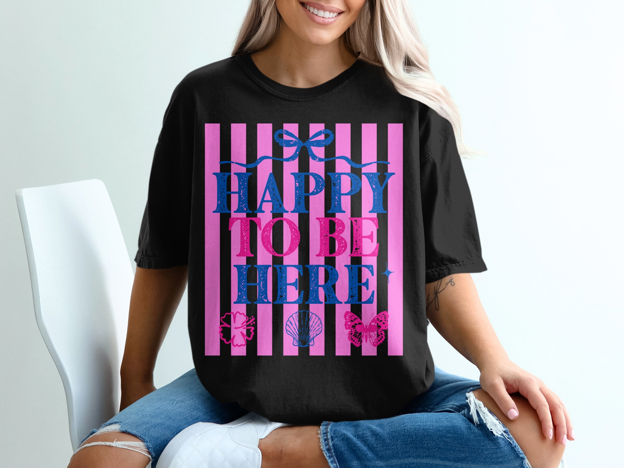Happy To Be Here T-shirt | Barbiecore Aesthetic Tee | Pink & Blue Summer Vacation Shirt | Positive Vibes Travel Tee Gift for Her - Image 8