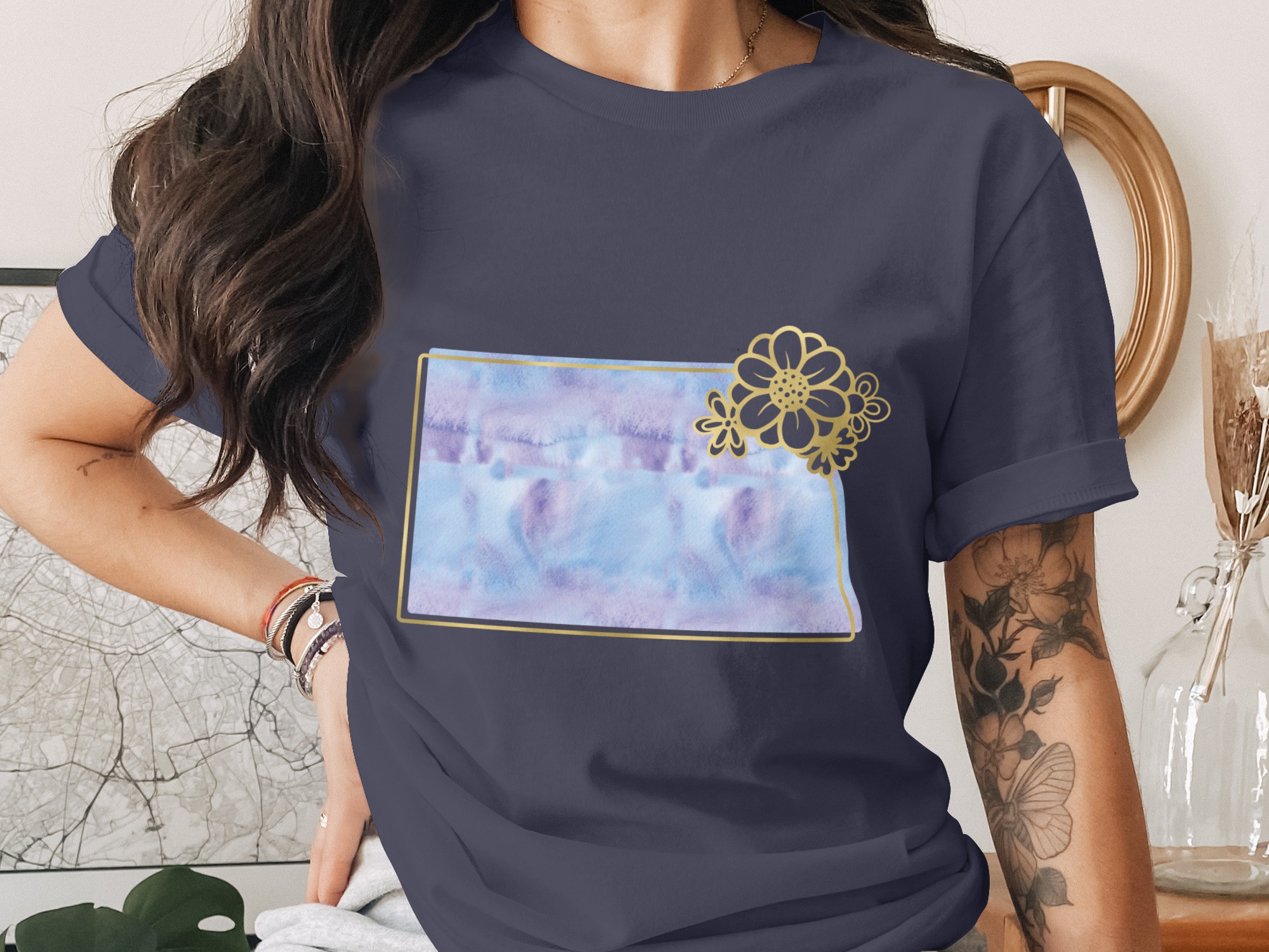 Dreamy Watercolor Floral T-Shirt, Faux Gold Daisy Frame Tee, Aesthetic Boho Spring Shirt, Soft Purple Blue Flower Lover Gift For Her - Image 3