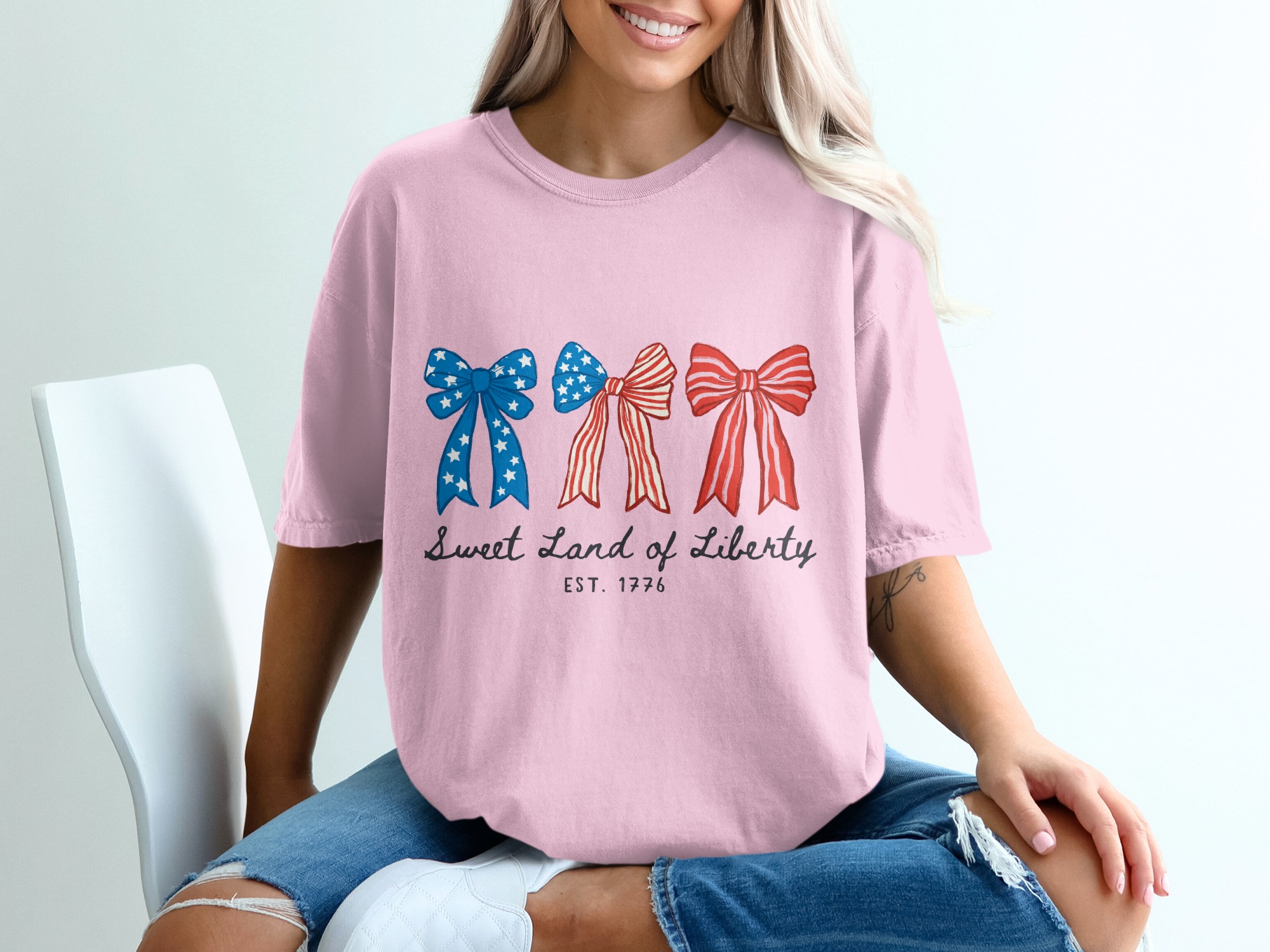 Patriotic Bows T-Shirt, Sweet Land of Liberty Shirt, 4th of July Tee, Distressed Americana Shirt, Vintage Style USA Top, Independence Day - Image 17