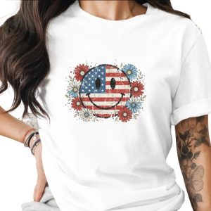 Comfort Colors® American Flag Smiley Face T-Shirt, Distressed Patriotic Flowers Tee, Vintage Fourth of July Shirt, Happy USA Summer Gift