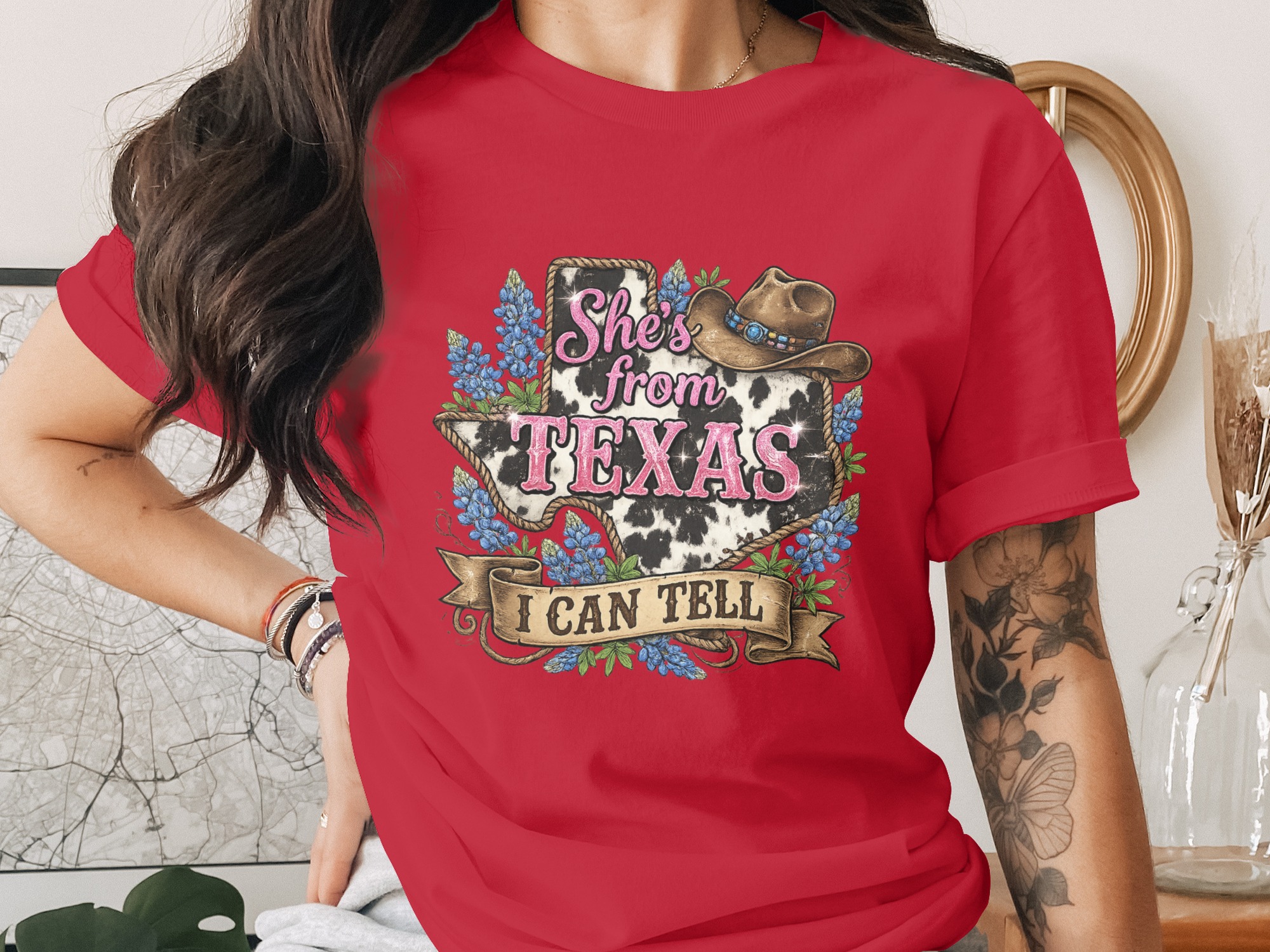 She's from Texas T-Shirt, Cow Print Bluebonnet Texas Tee, Western Country Style Southern Pride Gift for Her - Image 4