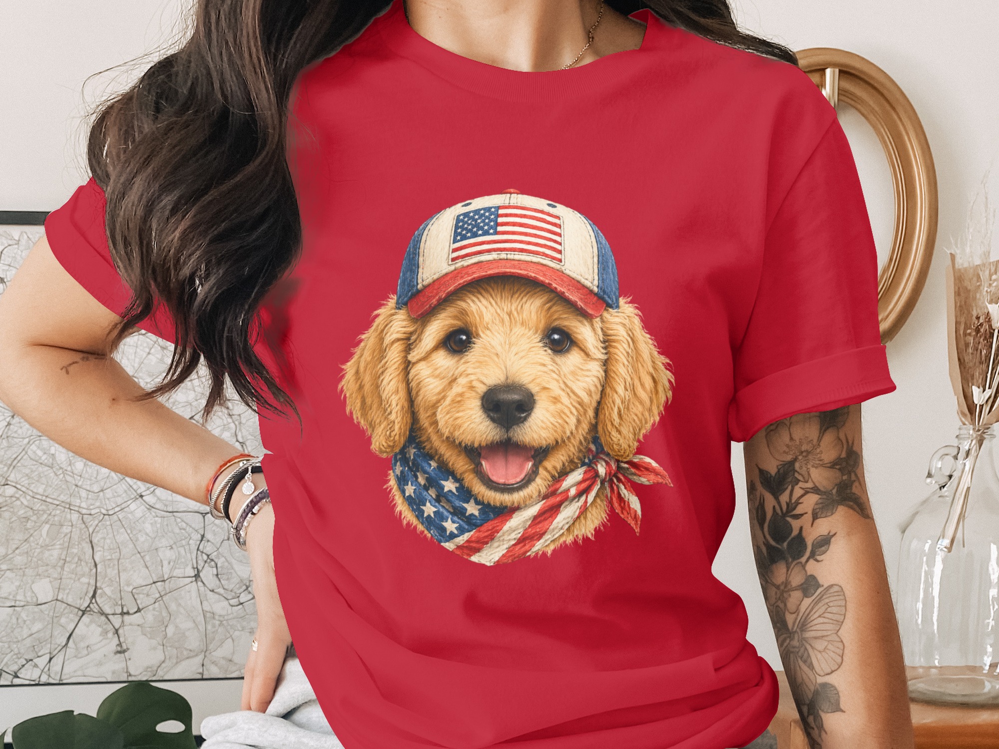 Patriotic Golden Retriever Puppy Flag T-Shirt - Image 2