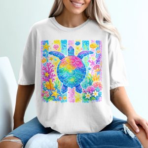 Rainbow Sea Turtle T-Shirt, Comfort Colors ® Glitter Effect Ocean Tee, Vibrant Underwater Life Top, Sparkly Marine Animal Shirt, Beach Lover