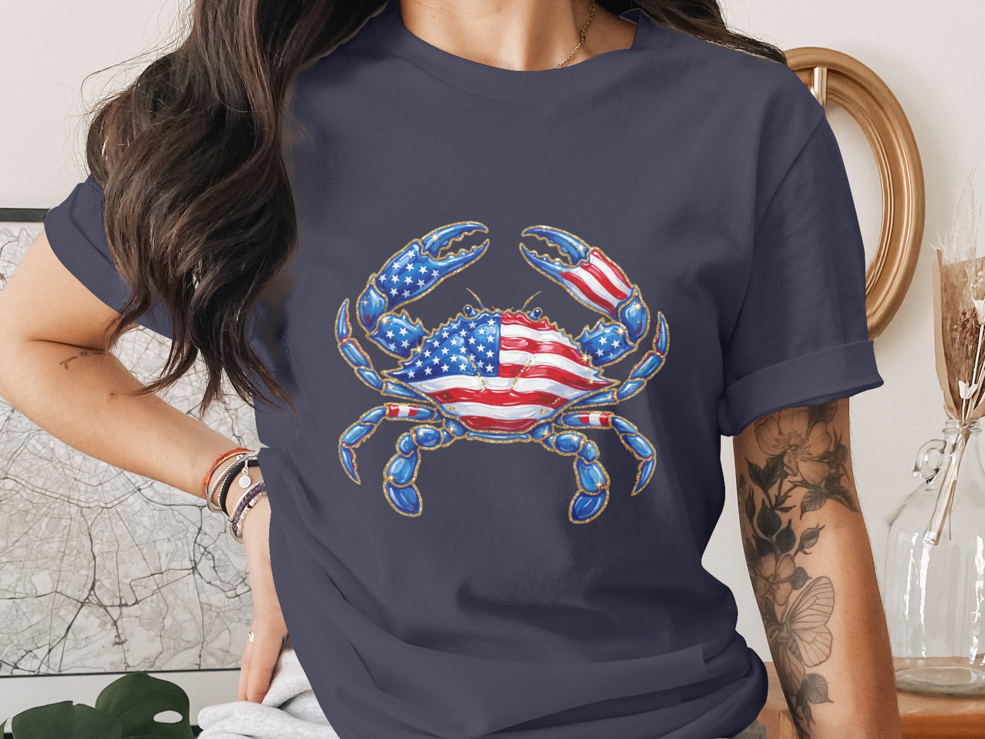 Patriotic Crab T-Shirt, American Flag Glitter Effect Crab Tee, Fourth of July Summer Top, USA Pride Coastal Crab Lover Gift - Image 3