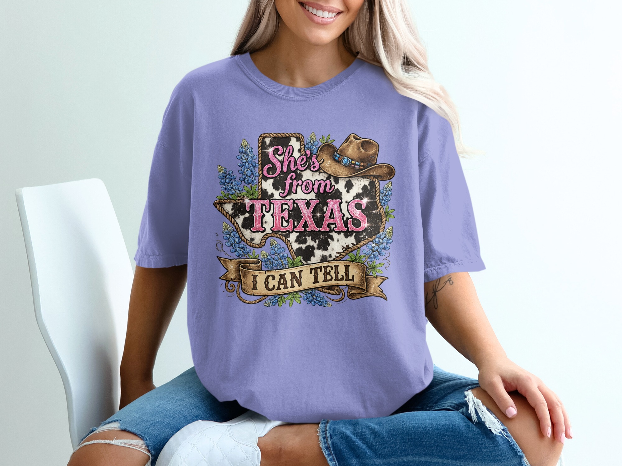 She's from Texas T-Shirt, Cow Print Bluebonnet Texas Tee, Western Country Style Southern Pride Gift for Her - Image 18
