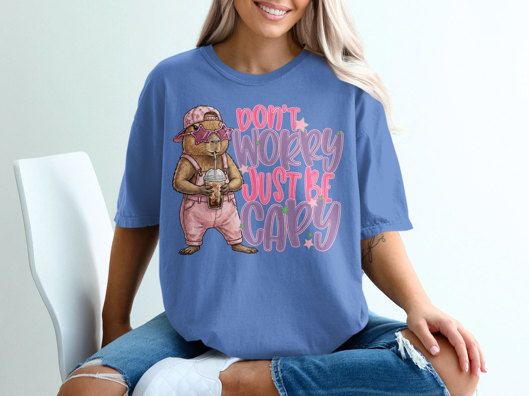 Don't Worry Just Be Capy T-Shirt, Cute Capybara Shirt, Chill Animal Tee, Iced Coffee Lover Gift, Trendy Positive Vibe Apparel - Image 20