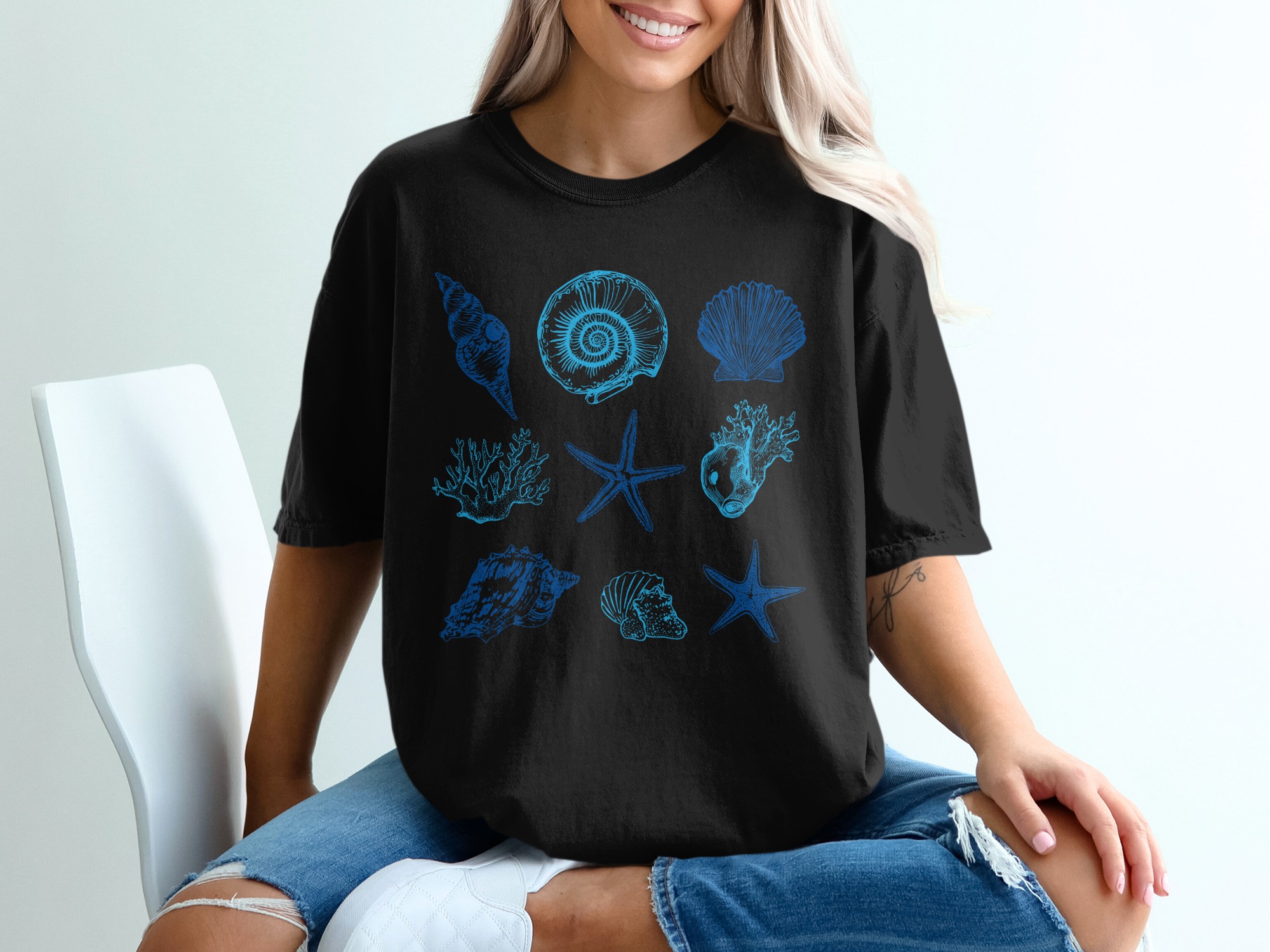 Ocean Seashell Starfish T-Shirt, Coastal Beach Lover Graphic Tee, Summer Vacation Nautical Apparel, Nature Inspired Marine Life Shirt - Image 5
