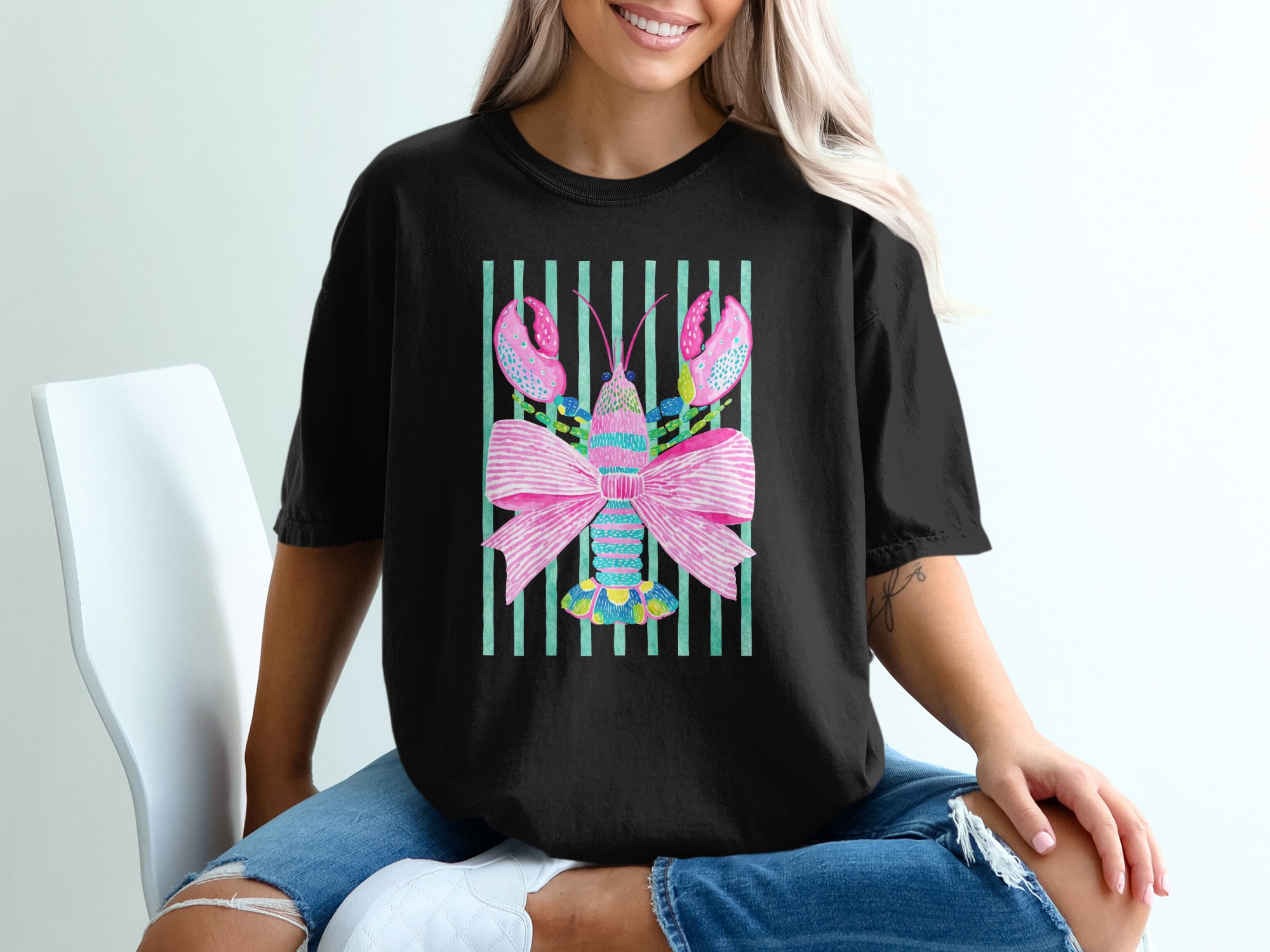 Preppy Pink Lobster T-Shirt, Whimsical Coastal Granddaughter Aesthetic Tee, Cute Nautical Beach Vacation Gift for Her - Image 5