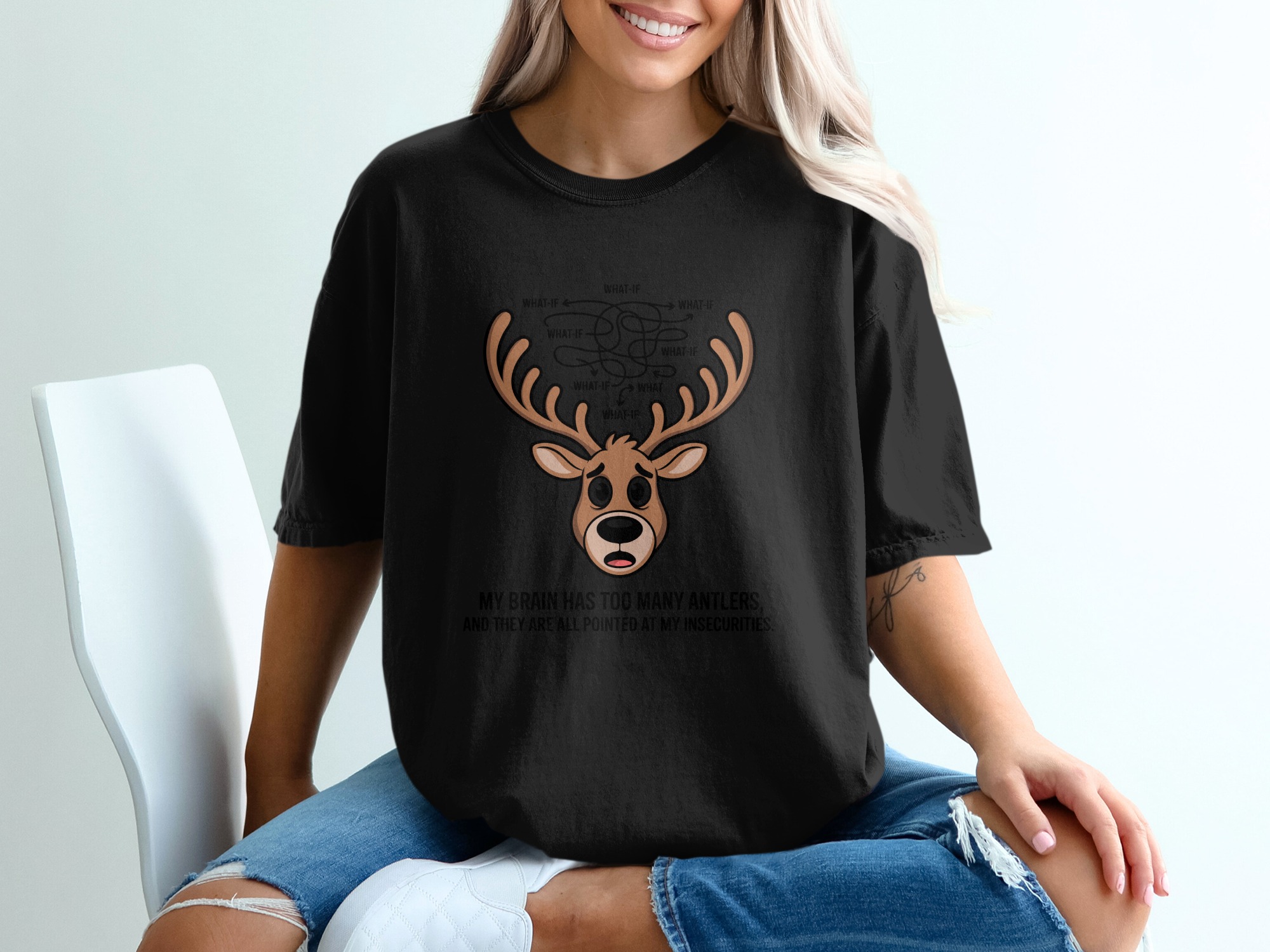 Overthinker Antlers T-Shirt, Funny Anxiety Relief Tee, What If Deer Mental Health Shirt, Relatable Insecurity Humor Gift - Image 5
