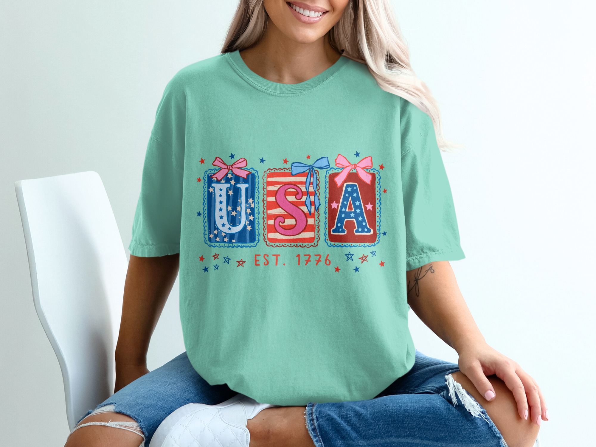 Patriotic USA Est 1776 T-Shirt, Whimsical Americana Tee, Fourth of July Top, Vintage Independence Day Shirt for Her, Cute Stars & Stripes - Image 10