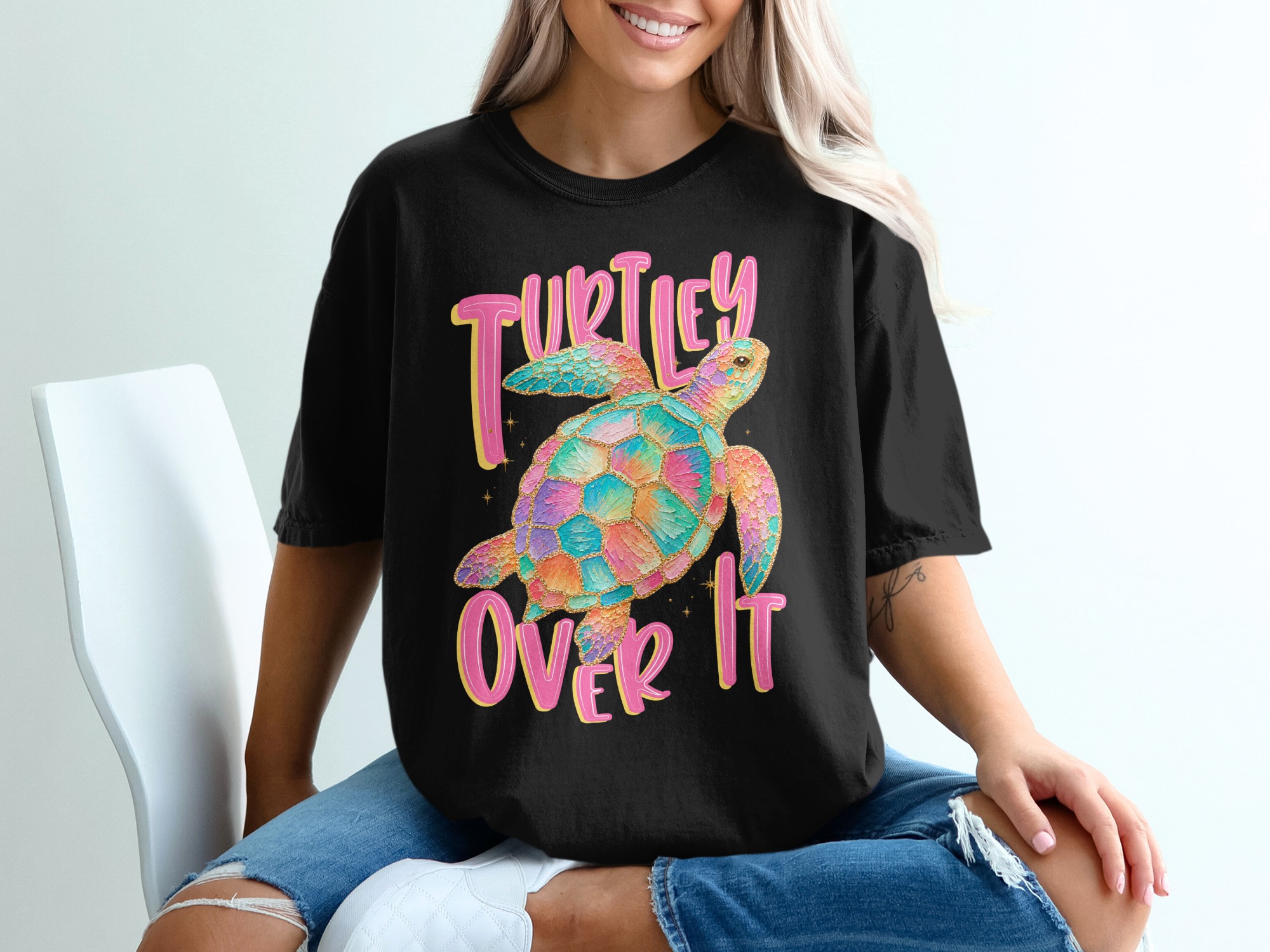 Turtley Over It T-Shirt, Faux Glitter Sea Turtle Tee, Sarcastic Beach Shirt, Colorful Ocean Lover Gift, Summer Vacation Top - Image 8