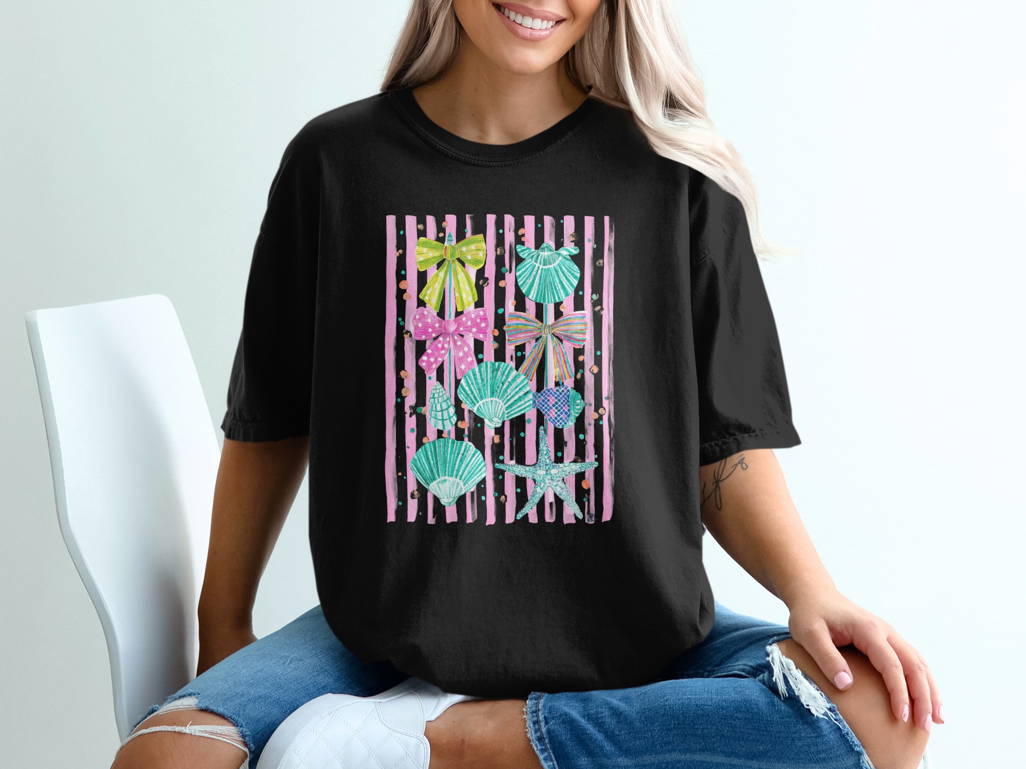 Coastal Preppy T-Shirt, Comfort Colors ®, Cute Beachy Bows & Shells Tee, Watercolor Summer Vacation Shirt, Girly Ocean Lover Gift - Image 2